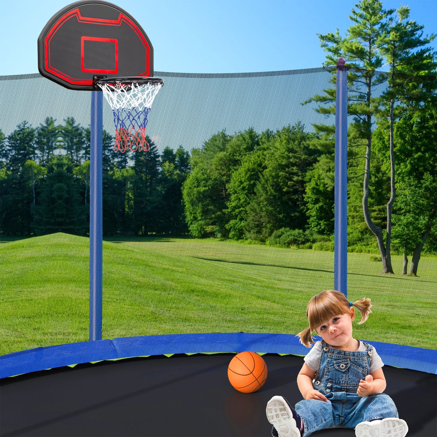 15FT Trampoline with Basketball Hoop Inflator and Ladder, 6pcs extra safety net pole sleeves - Blue - 1st Choice Furniture Direct