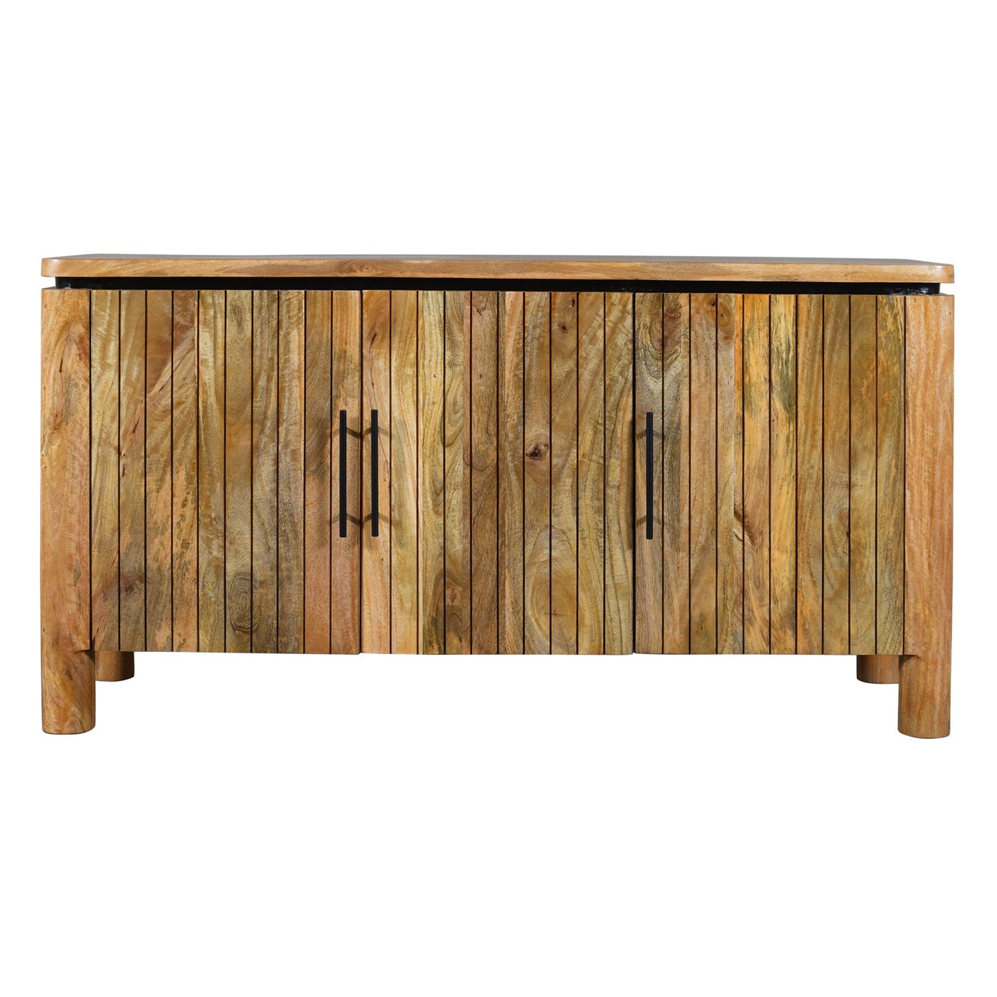 54 Inch Sideboard Console with 3 Grooved Cabinet Doors, Iron Handles, Natural Brown Mango Wood