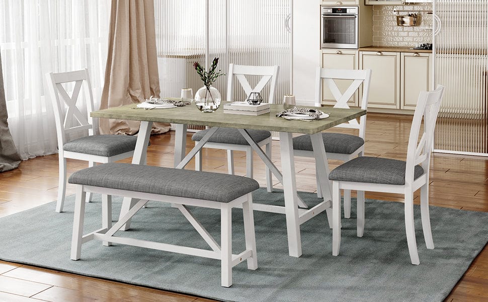1st Choice Furniture Direct Dining Set 1st Choice 6-Piece Wood White+Gray Dining Set with Bench & Chairs