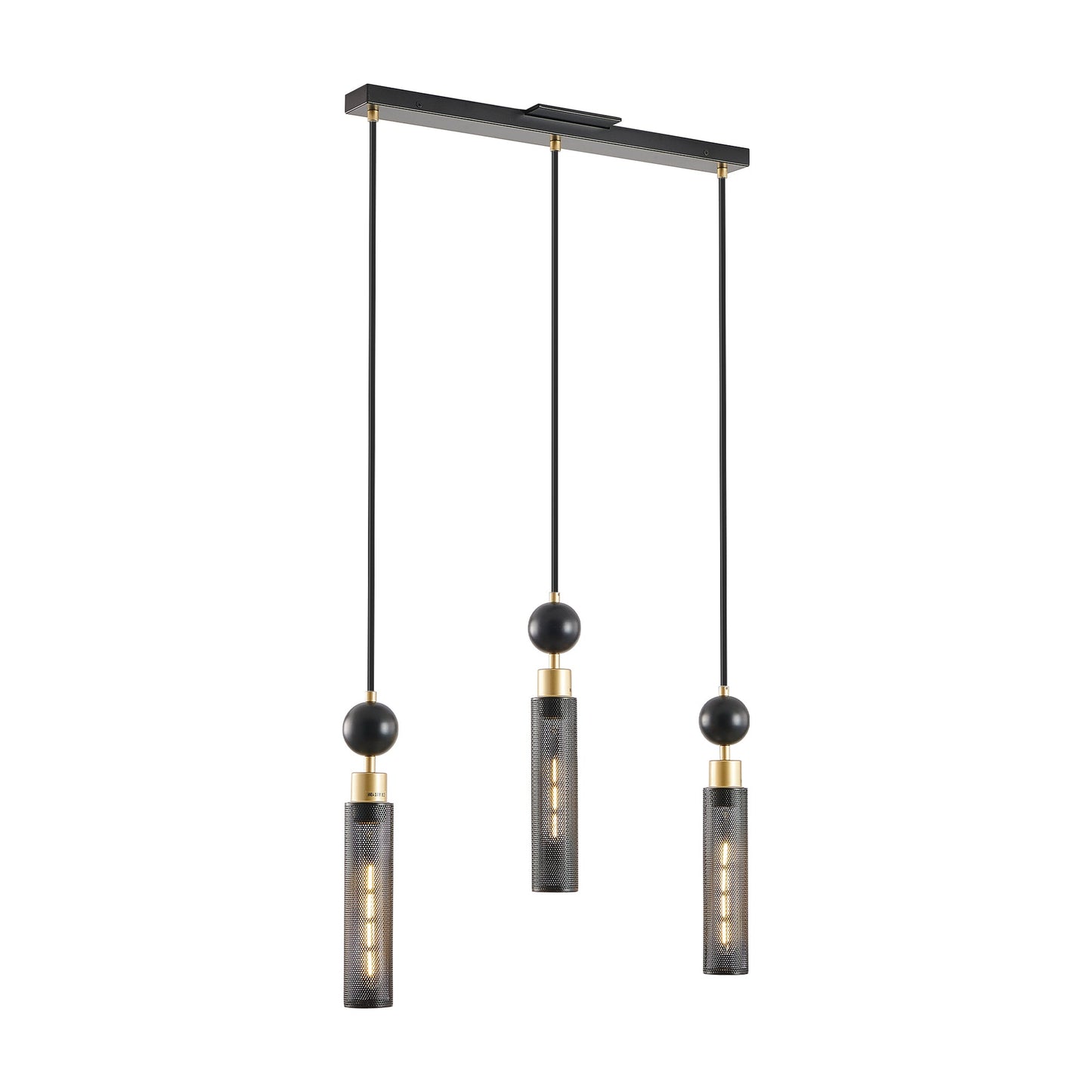 25' Modern Black and Gold 3 - Light Pendant Chandelier, Adjustable Hanging Lights with Cylindrical Mesh Shades, E26 Base, Ideal for Dining Room, Kitchen Island, or Living Room Lighting (No Bulbs) - 1st Choice Furniture Direct