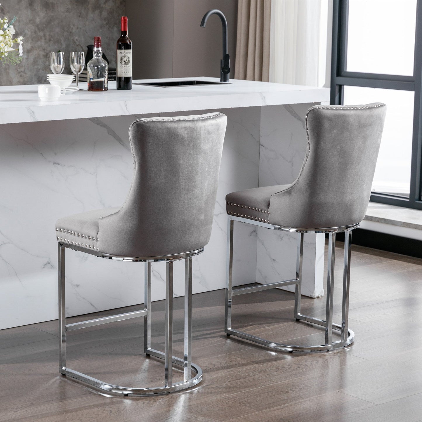 26' Counter Height Bar Stools Set of 2, Modern Velvet Barstools with Button Back&Rivet Trim Upholstered Kitchen Island Chairs with Sturdy Chromed Metal Base Legs Farmhouse Bar Stools, (Gray,2 Pack) - 1st Choice Furniture Direct