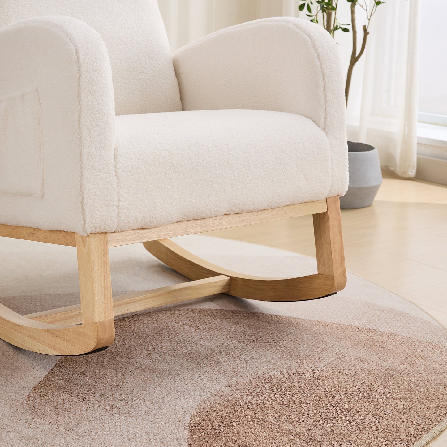 27.2'W Rocking Chair for Nursery, Sherpa Glider Chair with High Back and Side Pocket, Rocking Accent Armchair with Rubber Wood Legs for Living Room/Bedroom.Ivory - 1st Choice Furniture Direct