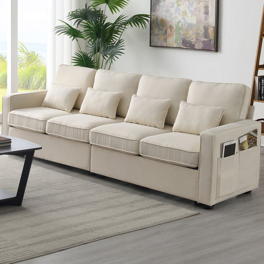 1st Choice 104" 4-Seater Linen Sofa with Armrest Pockets and 4 Pillows
