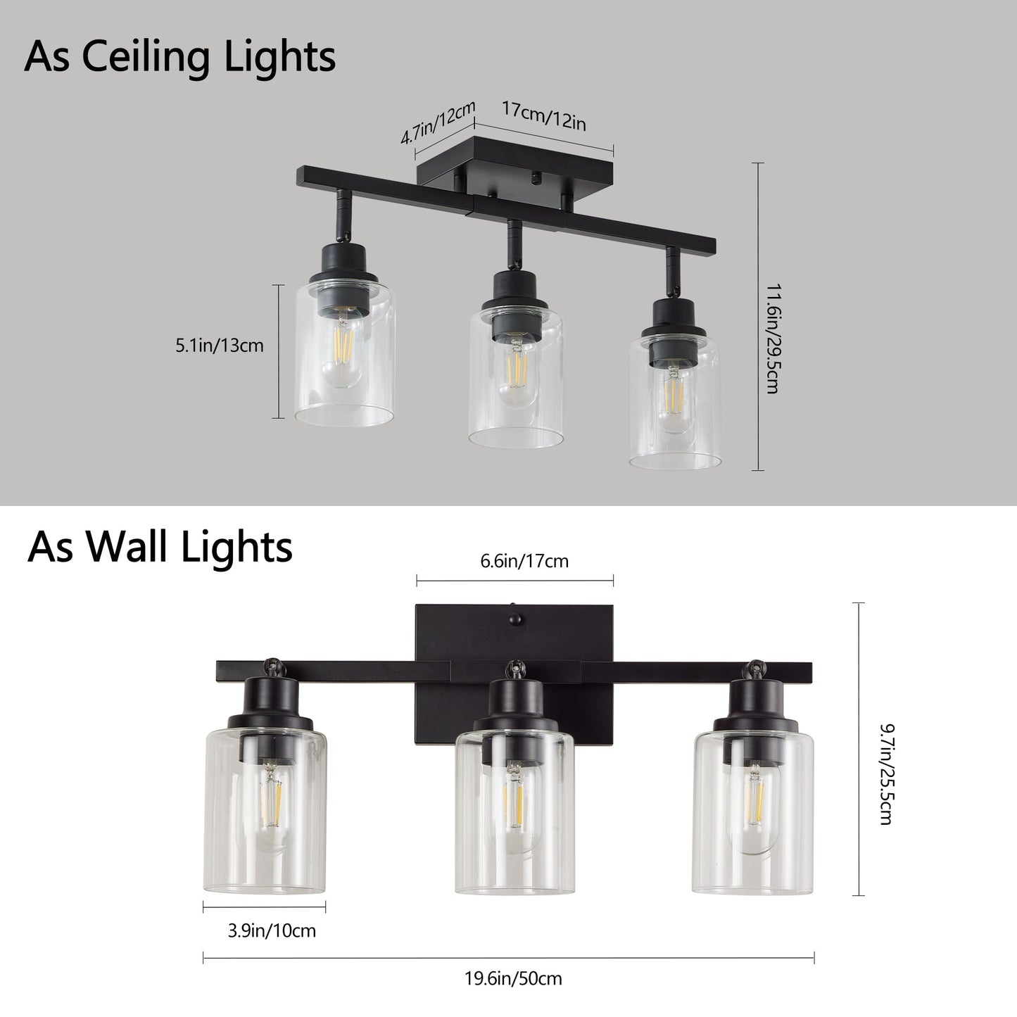 3 - Lights Semi Flush Mount Ceiling Light, Adjustable Kitchen Light Fixtures Ceiling Mount with Clear Glass Shades, Rotatable Black Track Lighting Fixtures for Hallway, Foyer, Bedroom(Bulb Not Included) - 1st Choice Furniture Direct