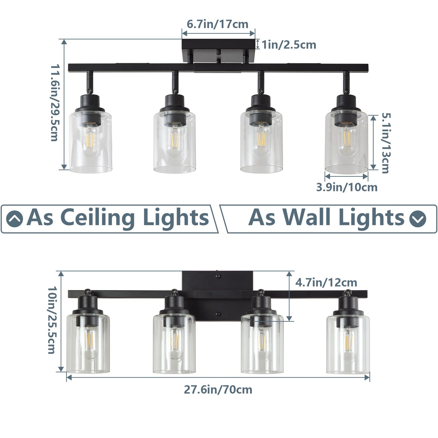 4 - Lights Track Lighting Fixtures Ceiling with Clear Glass Shades, Modern Black Semi Flush Mount Ceiling Light, Rotatable Wall Mount Ceiling Lamp for Kitchen Hallway Bedroom(Bulb Not Included) - 1st Choice Furniture Direct