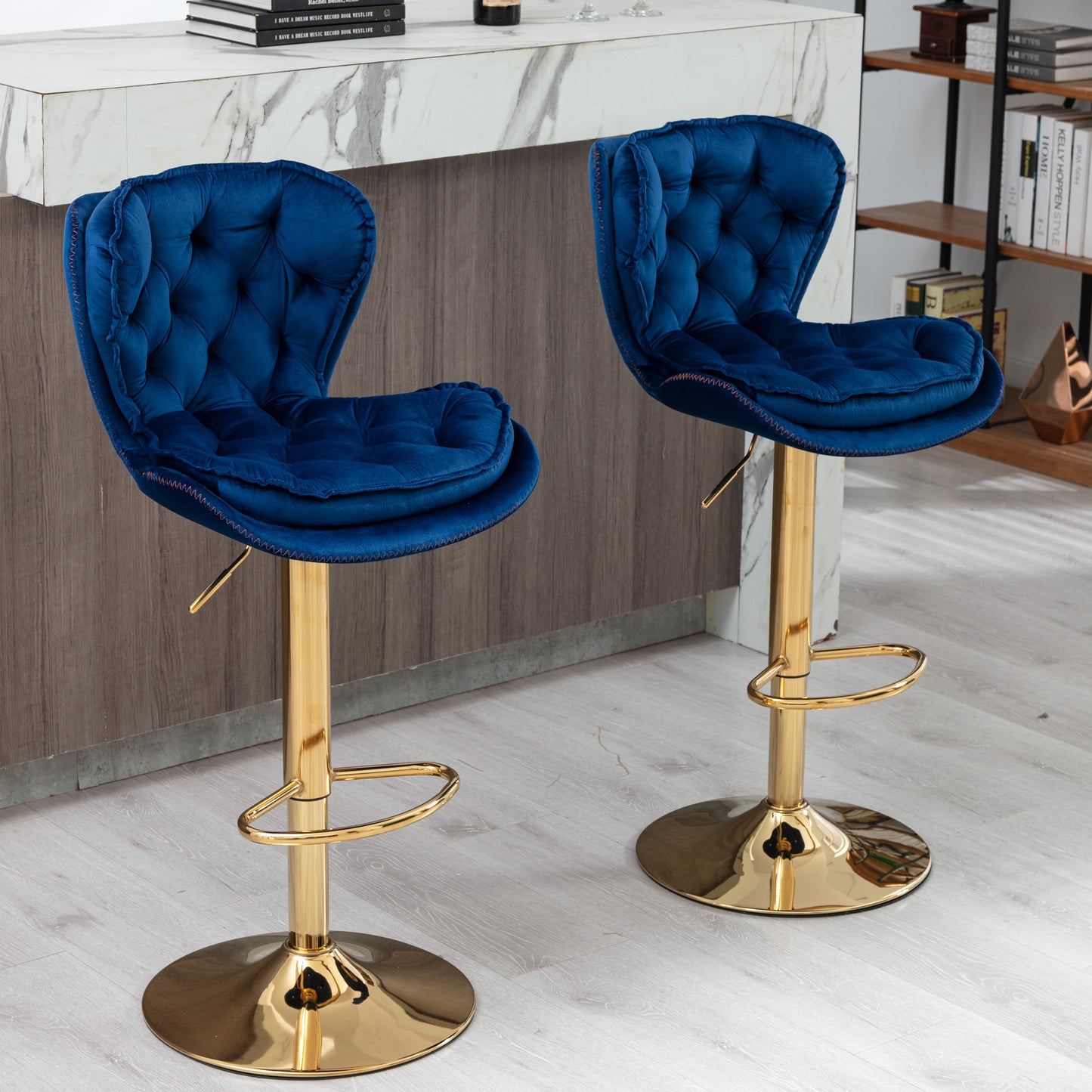 Set of 2 Bar Stools,with Chrome Footrest and Base Swivel Height Adjustable Mechanical Lifting Velvet + Golden Leg Simple Bar Stool-blue