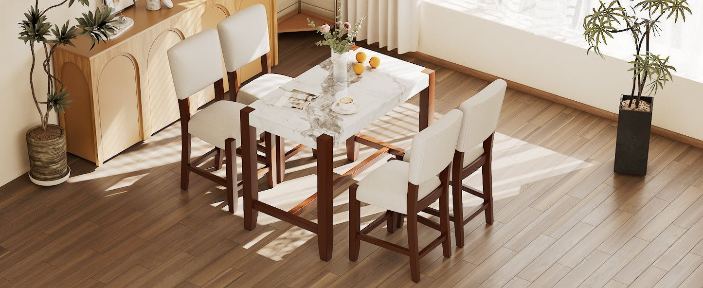5 - Piece Counter Height Dining Table Set for 4 | Faux Marble Table & Upholstered Chairs - 1st Choice Furniture Direct