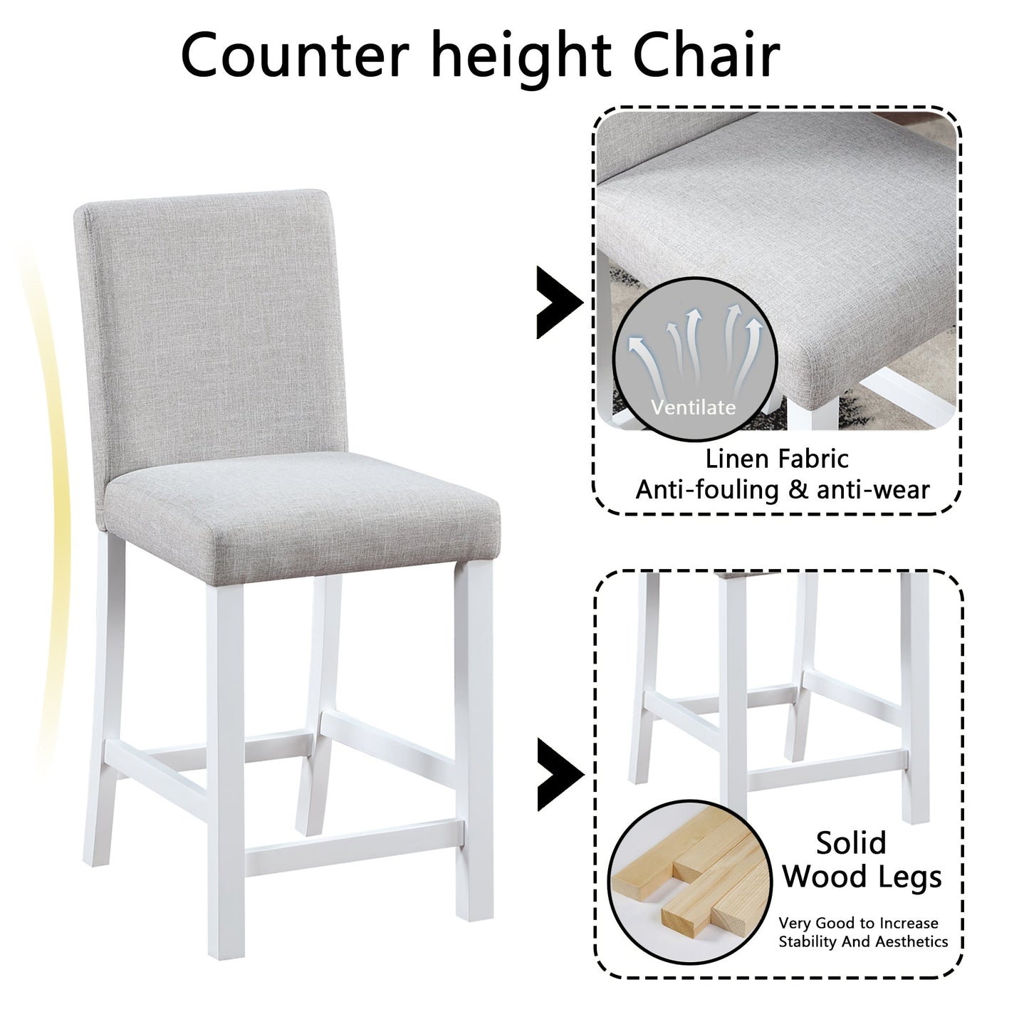 5 Piece Counter Height Table Set, Wooden Kitchen Table Set with Square Table and 4 Upholstered Chairs, Counter Height Dining Table with Crystal Decoration and Chair Set for Kitchen, Dining Room, White - 1st Choice Furniture Direct