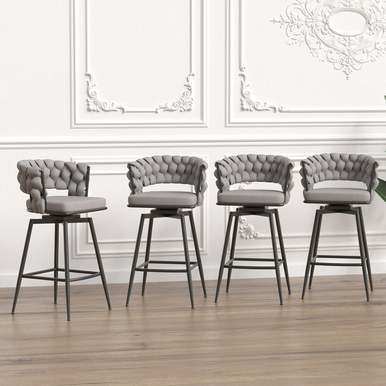 1st Choice Luxurious Grey Linen Swivel Bar Stools with Back Footrest