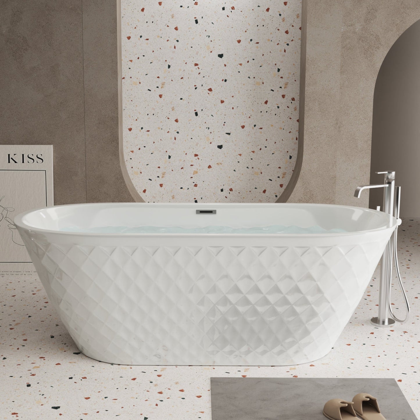 59'' acrylic freestanding bathtub with unique diamond pattern design: spacious oval shape, Gloss white finish, Chrome overflow and pop - up drain CUPC Certificate - 1st Choice Furniture Direct
