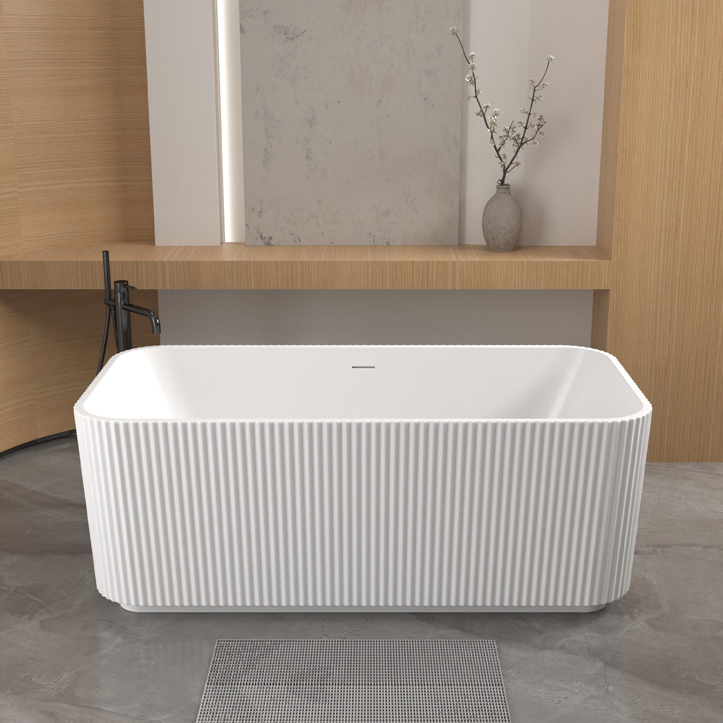 59'Rectangle Linear Acrylic Freestanding Bathtub Stand Alone Soaker Tub, Glossy White Acrylic, POP - UP Chrome Drain, cUPC Certified, - 1st Choice Furniture Direct