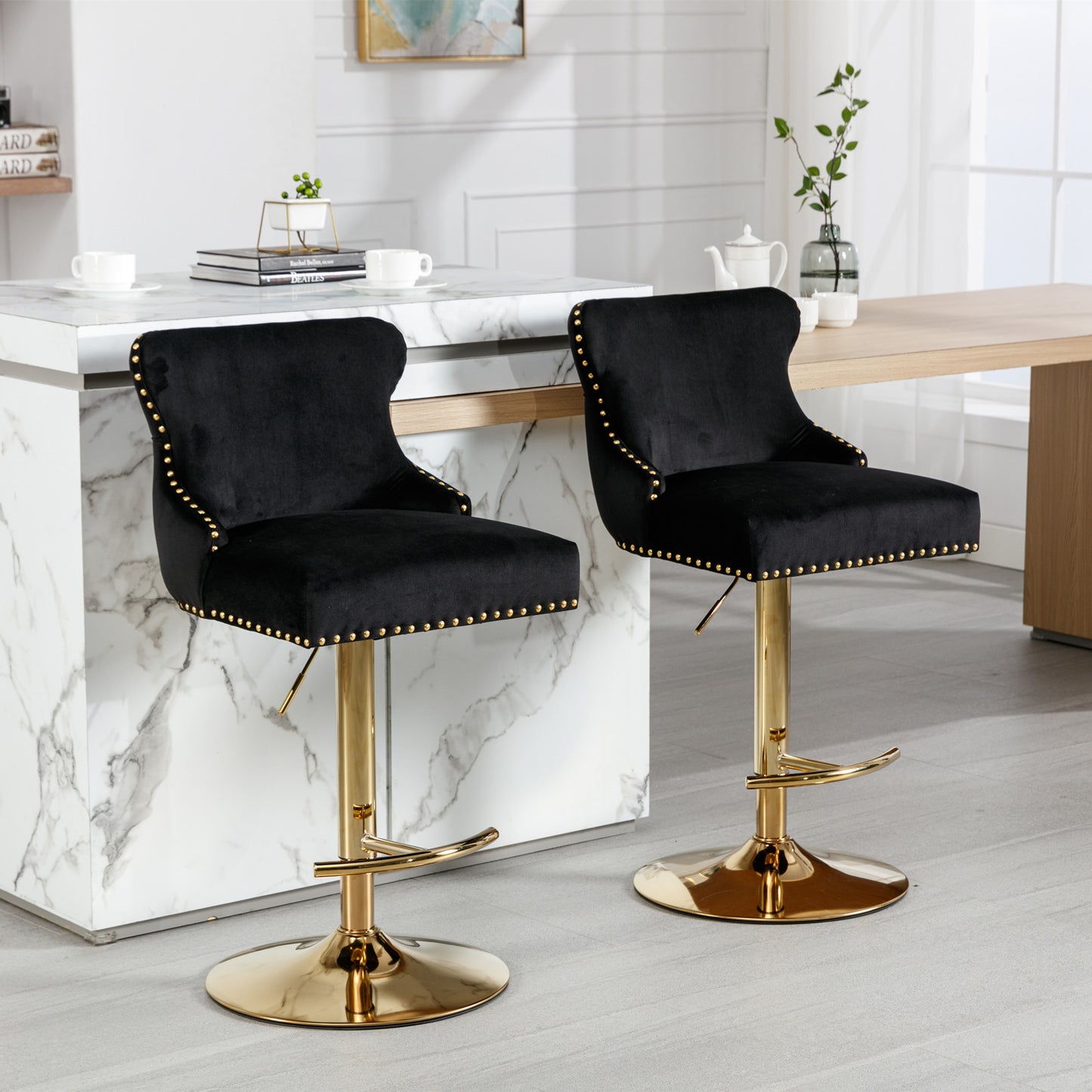 1st Choice Black Swivel Velvet Barstools Adjustable Seat Height - Set of 2