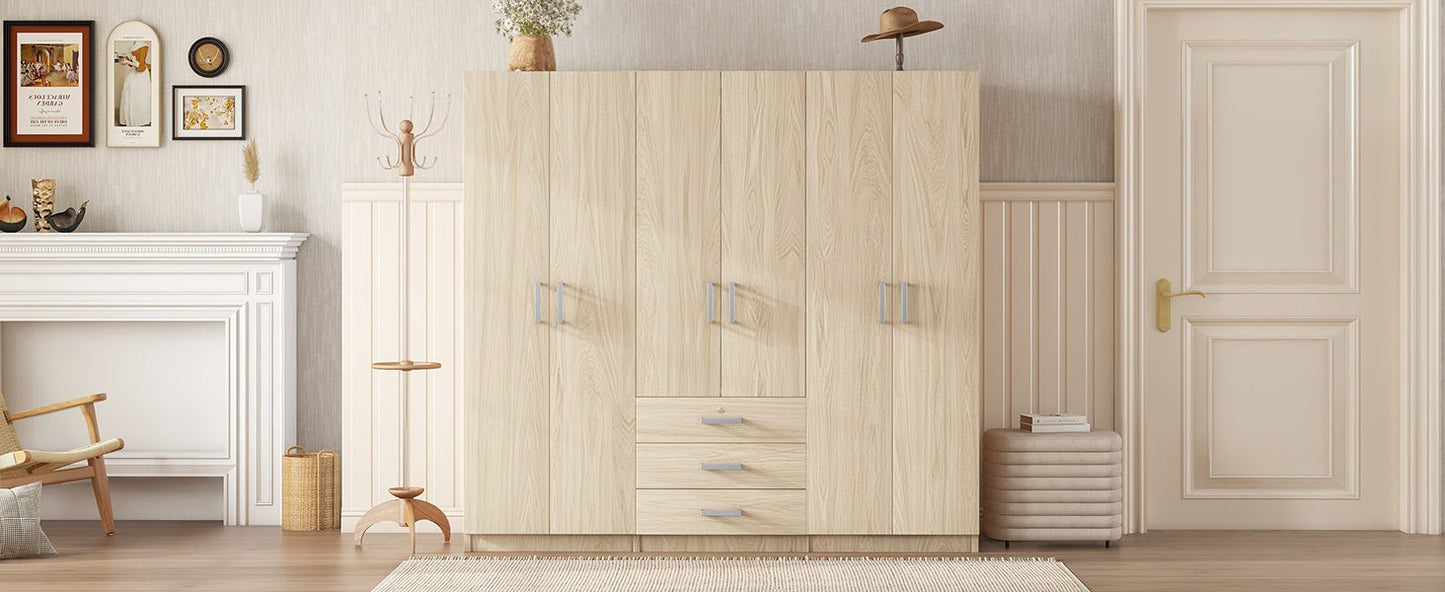 6-Door Brown Wooden Wardrobe Armoire with Locking Drawer - 1st Choice Furniture Direct