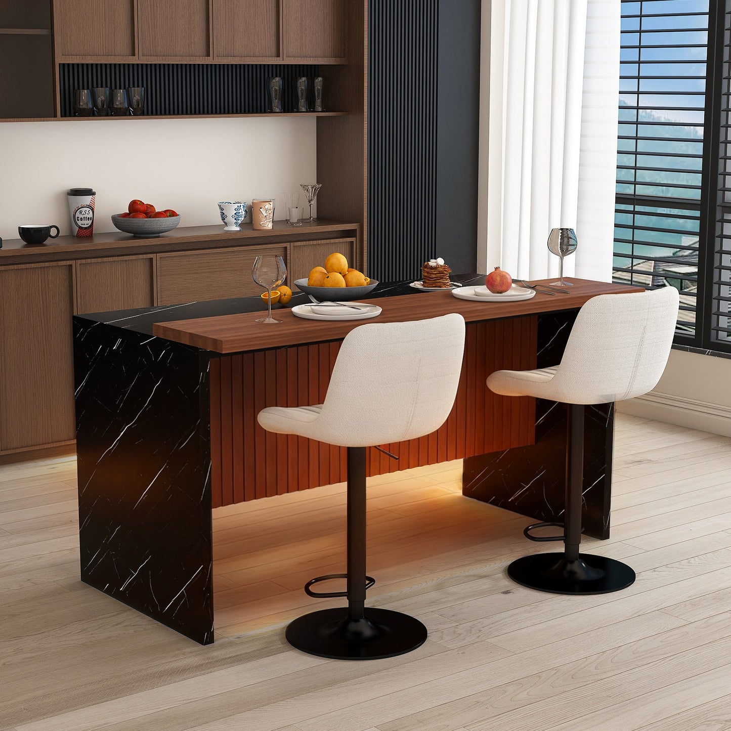 63' Modern Kitchen Island Set with 2 Beige Bar Stools - Black Marble Look Surface, LED Lighting & Grill Design for Dining Room, Open Concept Spaces, Lounge(2 Beige Bar Stools) - 1st Choice Furniture Direct