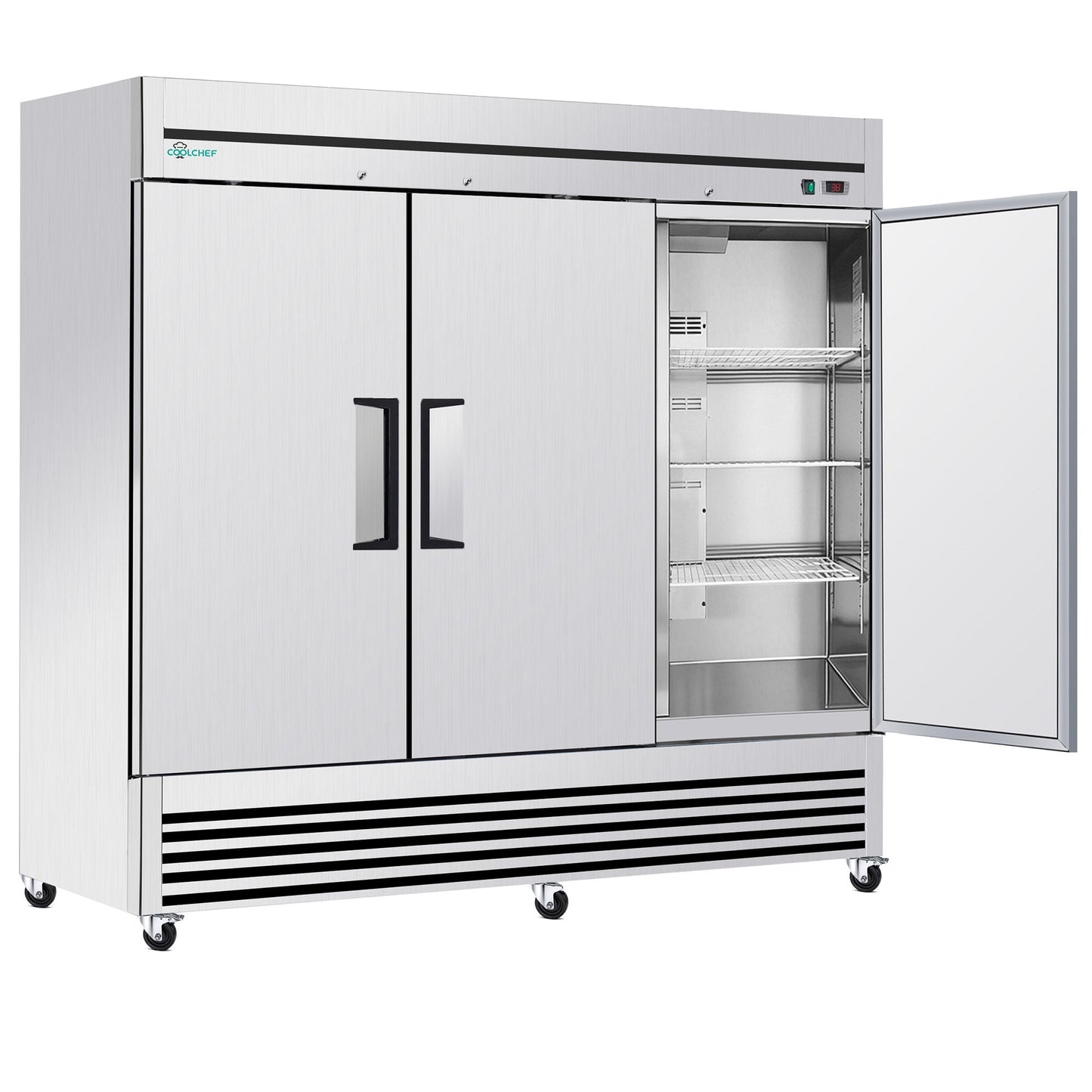 72' Cu Ft Commercial Reach-In Freezer, 3 Solid Door Stainless Steel Upright, -8–0°F Deep Freeze, 9 Heavy-Duty Shelves, R290, 110V - 1st Choice Furniture Direct