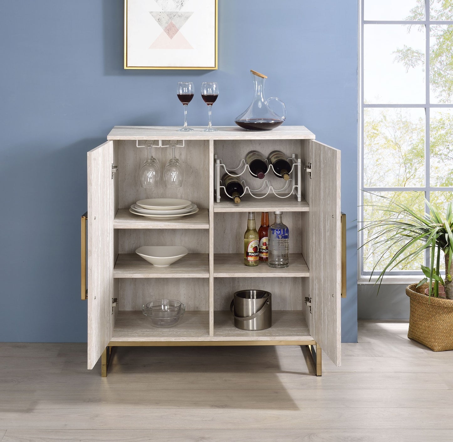 1st Choice Modern Larkin Faux Marble Wine Cabinet in Pearl Silver