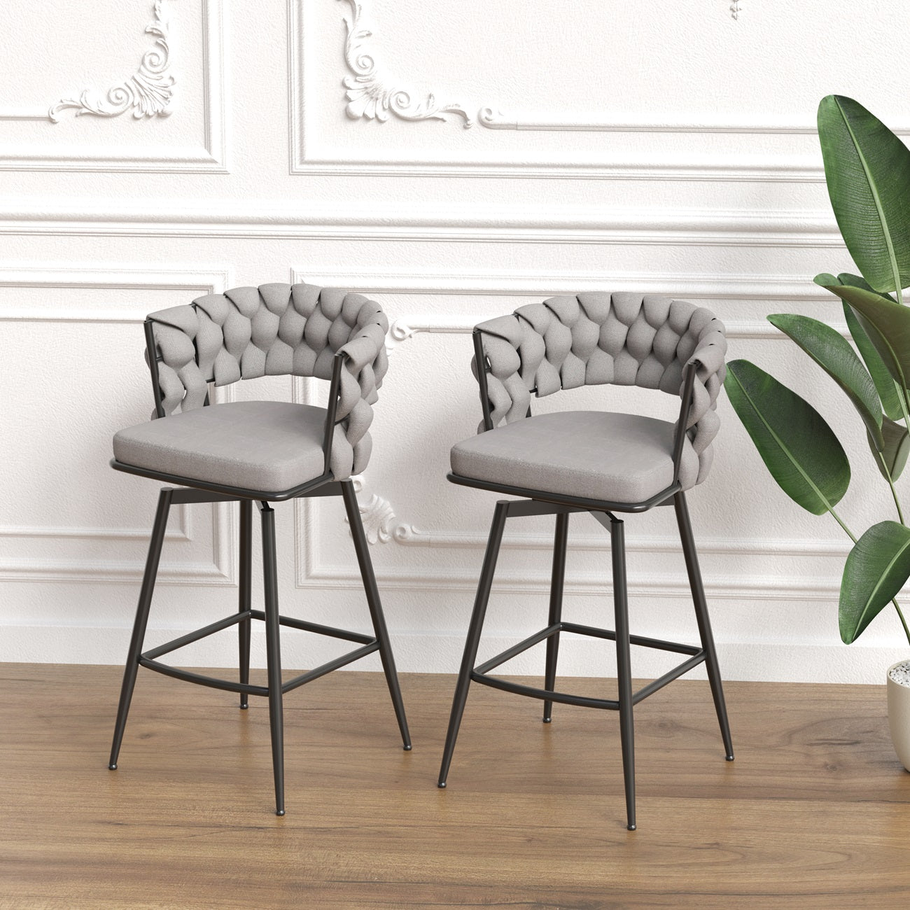 1st Choice Luxurious Grey Linen Swivel Bar Stools with Back Footrest