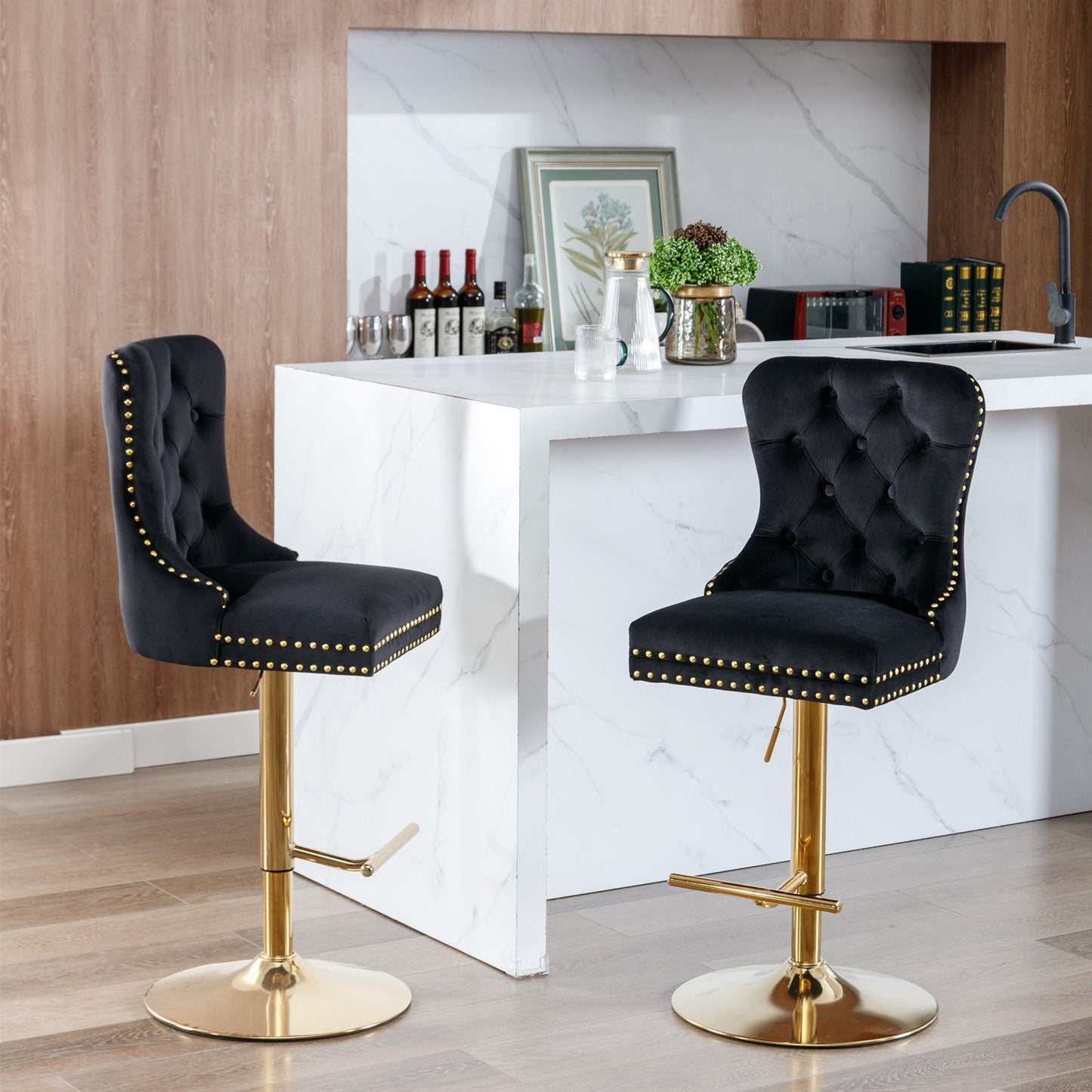 A&A Furniture Modern Swivel Velvet Barstools with Adjustable Seat Height, Comfortable Black Tufted Upholstery, Set of 2 - 1st Choice Furniture Direct