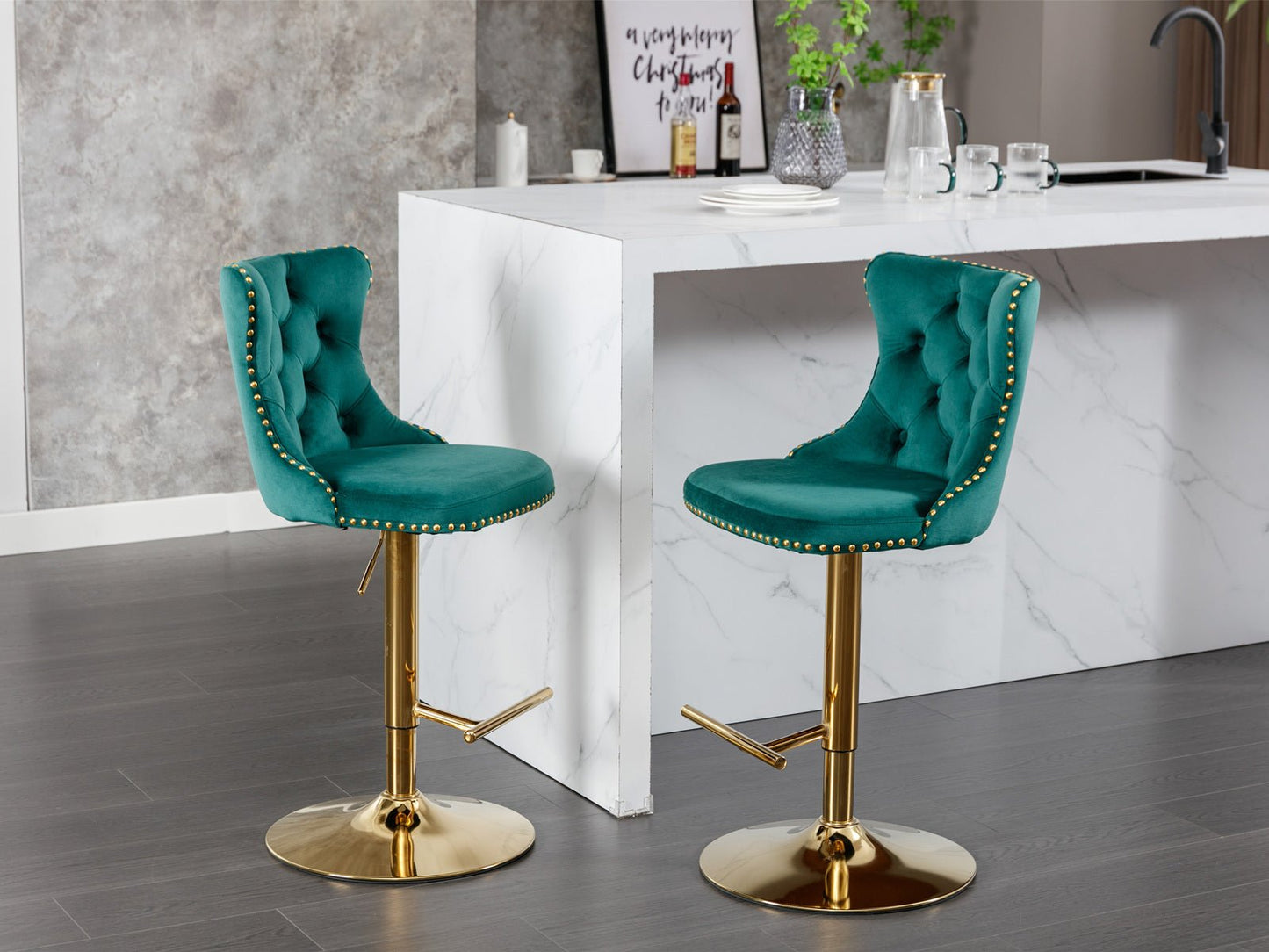 A&A Furniture,Golden Swivel Velvet Barstools Adjusatble Seat Height from 25 - 33 Inch, Modern Upholstered Bar Stools with Backs Comfortable Tufted for Home Pub and Kitchen Island(Green,Set of 2) - 1st Choice Furniture Direct