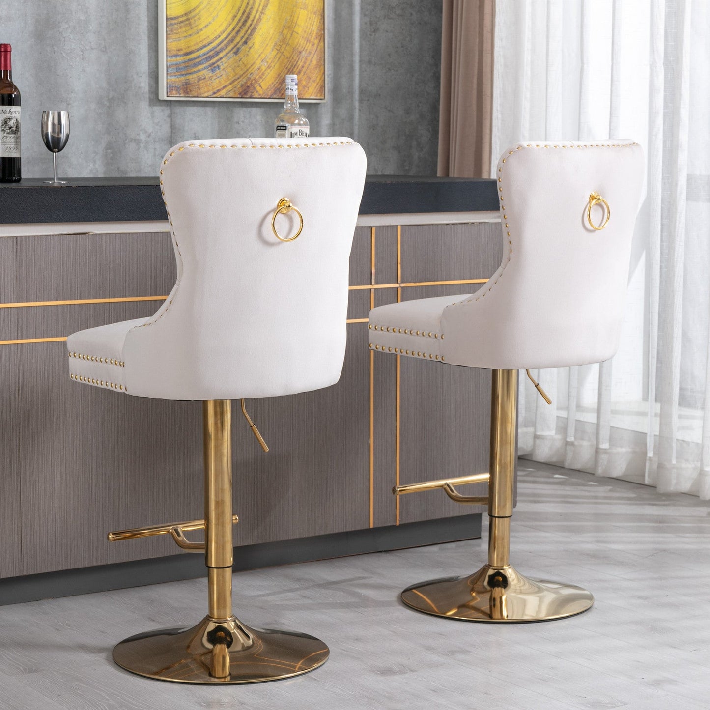 A&A Furniture,Thick Golden Swivel Velvet Barstools Adjusatble Seat Height from 27 - 35 Inch, Modern Upholstered Bar Stools with Backs Comfortable Tufted for Home Pub and Kitchen Island (Beige,Set of 2) - 1st Choice Furniture Direct
