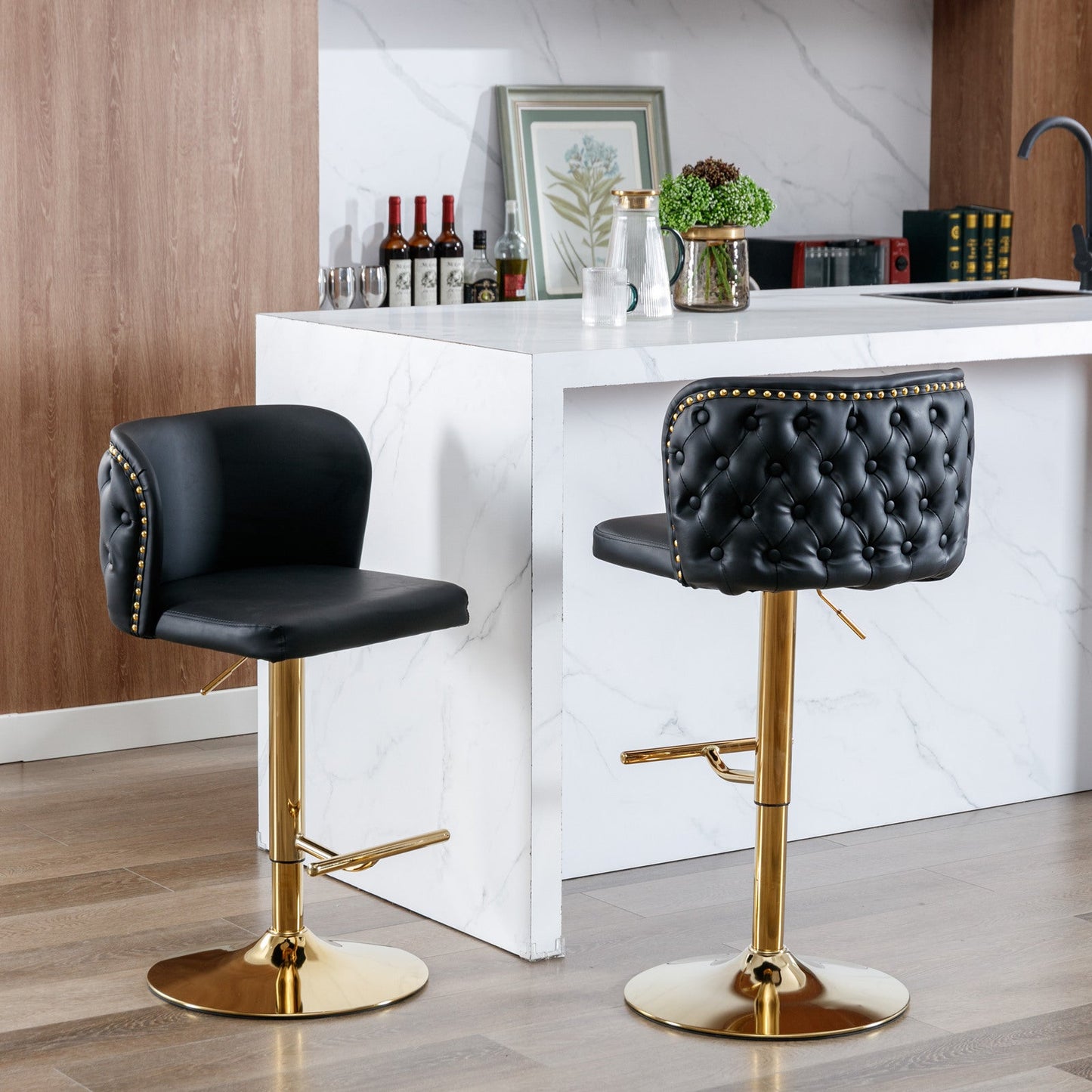 Adjustable Swivel Bar Stools Set of 2 | Black Tufted Faux Leather Bar Chairs - 1st Choice Furniture Direct