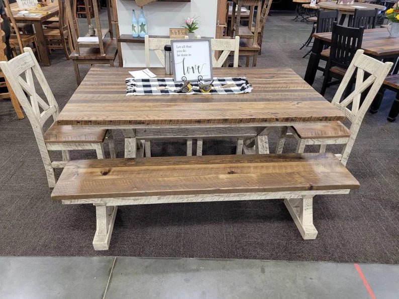 Amish Reclaimed Barnwood Dining Set with Bench | Western Railway - 1st Choice Furniture Direct