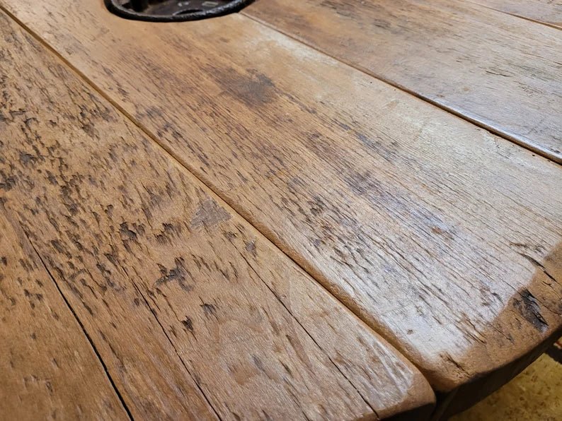 Amish Steel Wheel Reclaimed Oak Coffee Table – Rustic Wagon Wheel Design - 1st Choice Furniture Direct