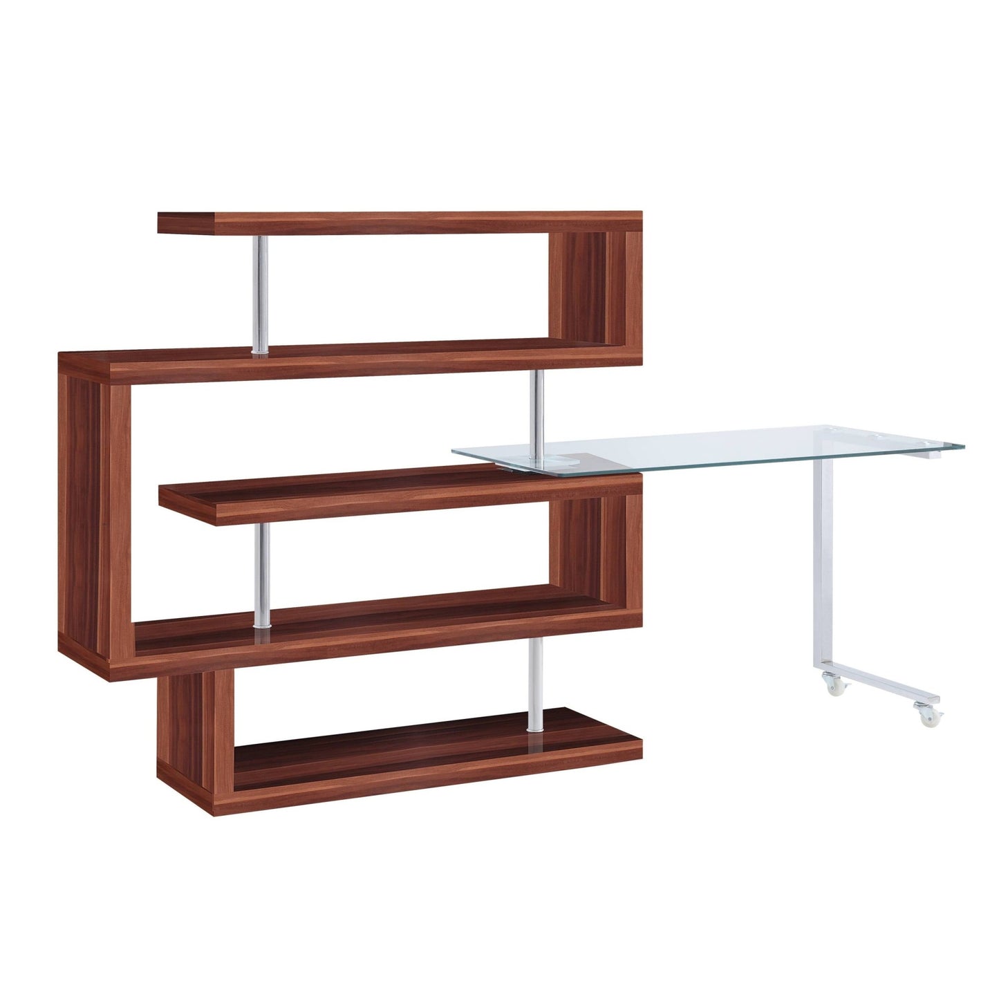 Buck II Clear Glass, Chrome & Walnut High Gloss Finish Writing Desk W/Bookshelf (Writing Desk w/Swivel Function 360) - 1st Choice Furniture Direct
