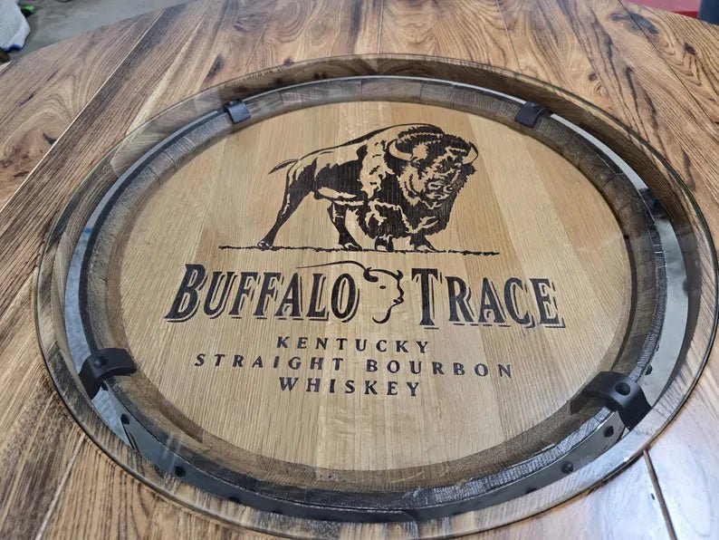 Buffalo Trace® Whiskey Barrel Table with Glass Top | Handmade Bourbon Barrel Bar Table (48” & 56”) - 1st Choice Furniture Direct