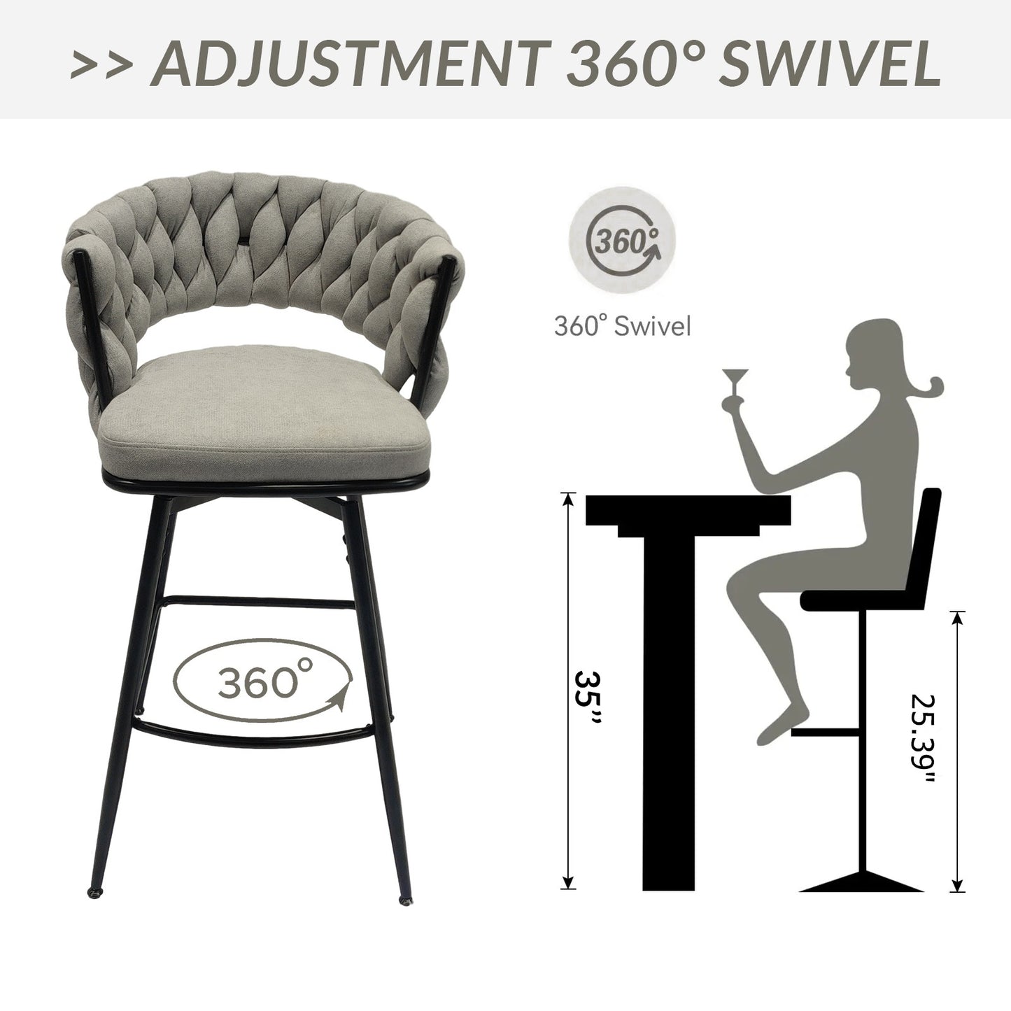 1st Choice Luxurious Grey Linen Swivel Bar Stools with Back Footrest