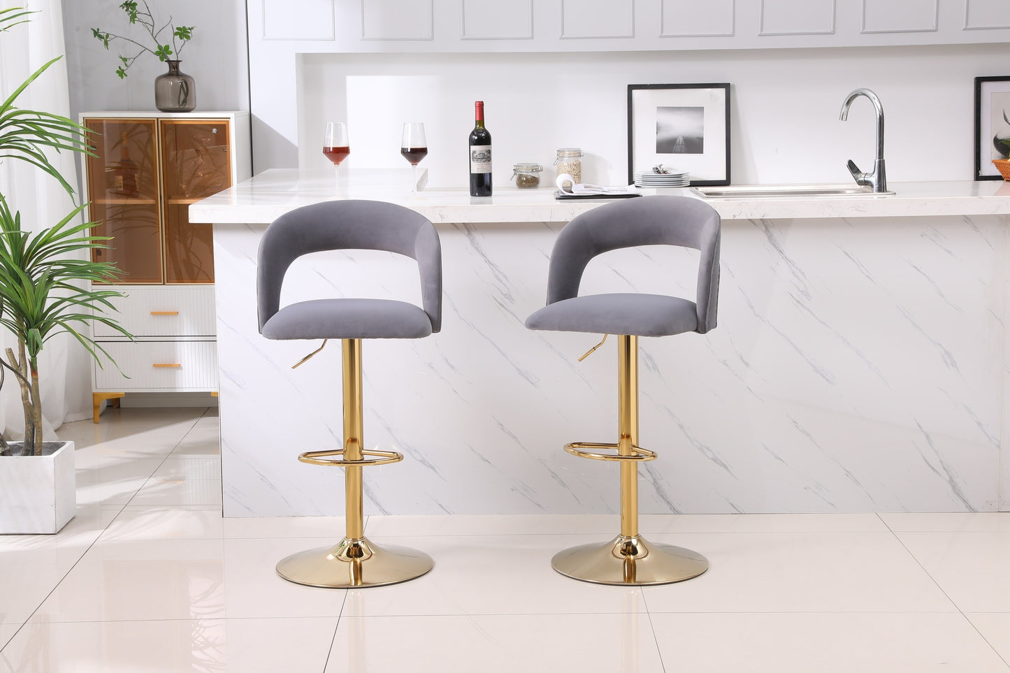 Modern Barstools Bar Height, Swivel Velvet Bar Stool Counter Height Bar Chairs Adjustable Tufted Stool with Back& Footrest for Home Bar Kitchen Island Chair (Grey, Set of 2)