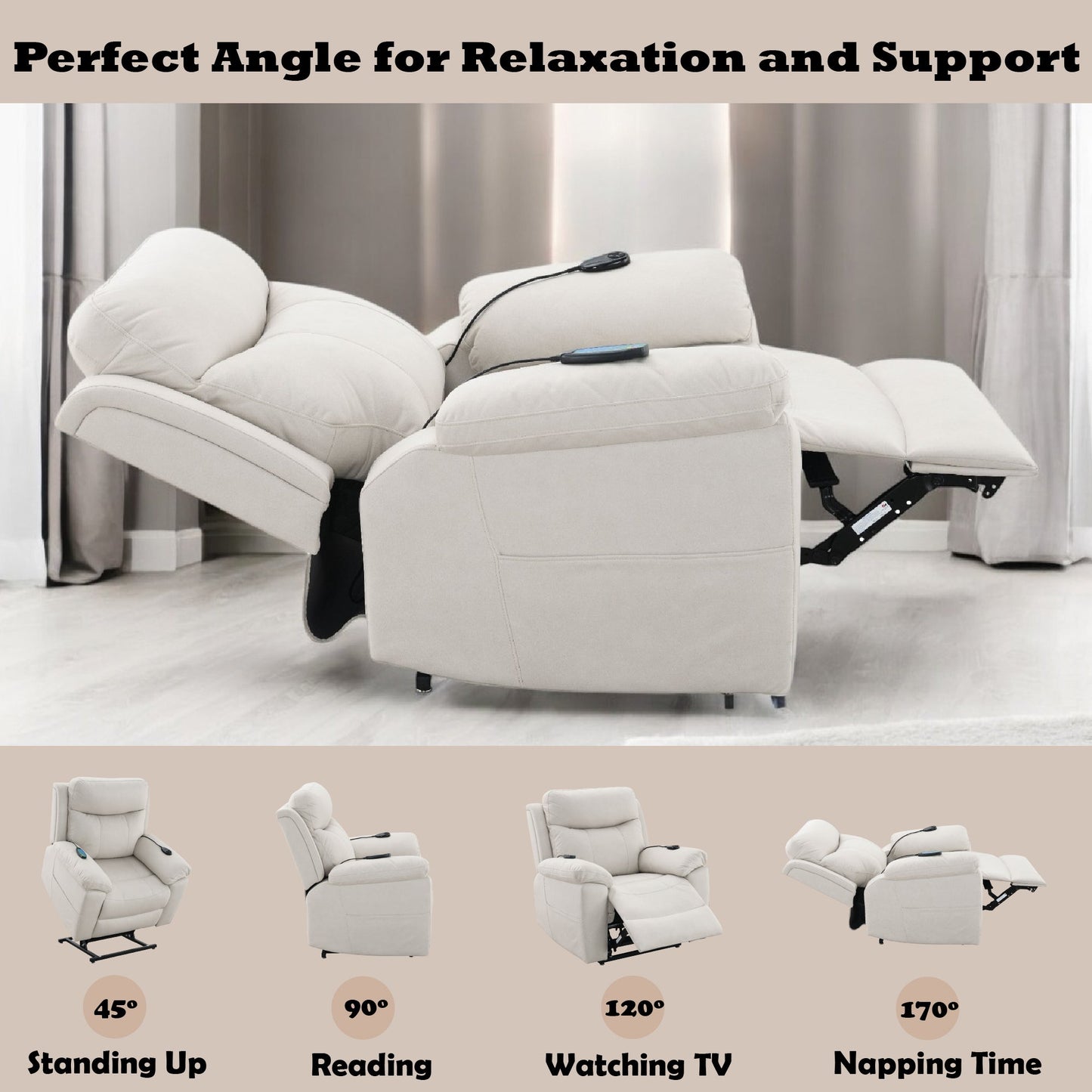 Chriki Beige Fabric Power Recliner w/Lift & Heating & Massage - 1st Choice Furniture Direct