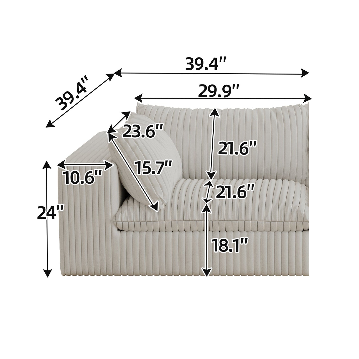 Cloud Sofa,Corduroy Fabric,Deep Seat Couches,Double - layer design,Removable Cushion,No Assembly, DIY Combination for Living room, Bedroom,Conference room ,Apartment,White - 1st Choice Furniture Direct
