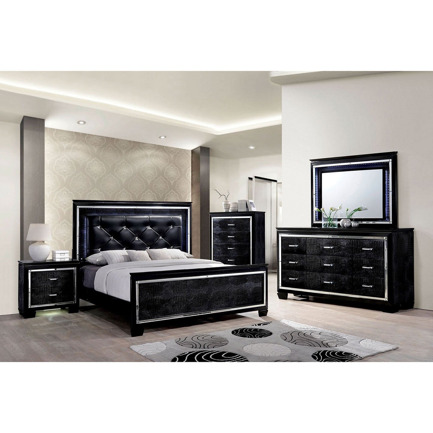 Contemporary 1pc Nightstand Black Bedside Table LED Light English Dovetail Drawer Bedroom Furniture - 1st Choice Furniture Direct
