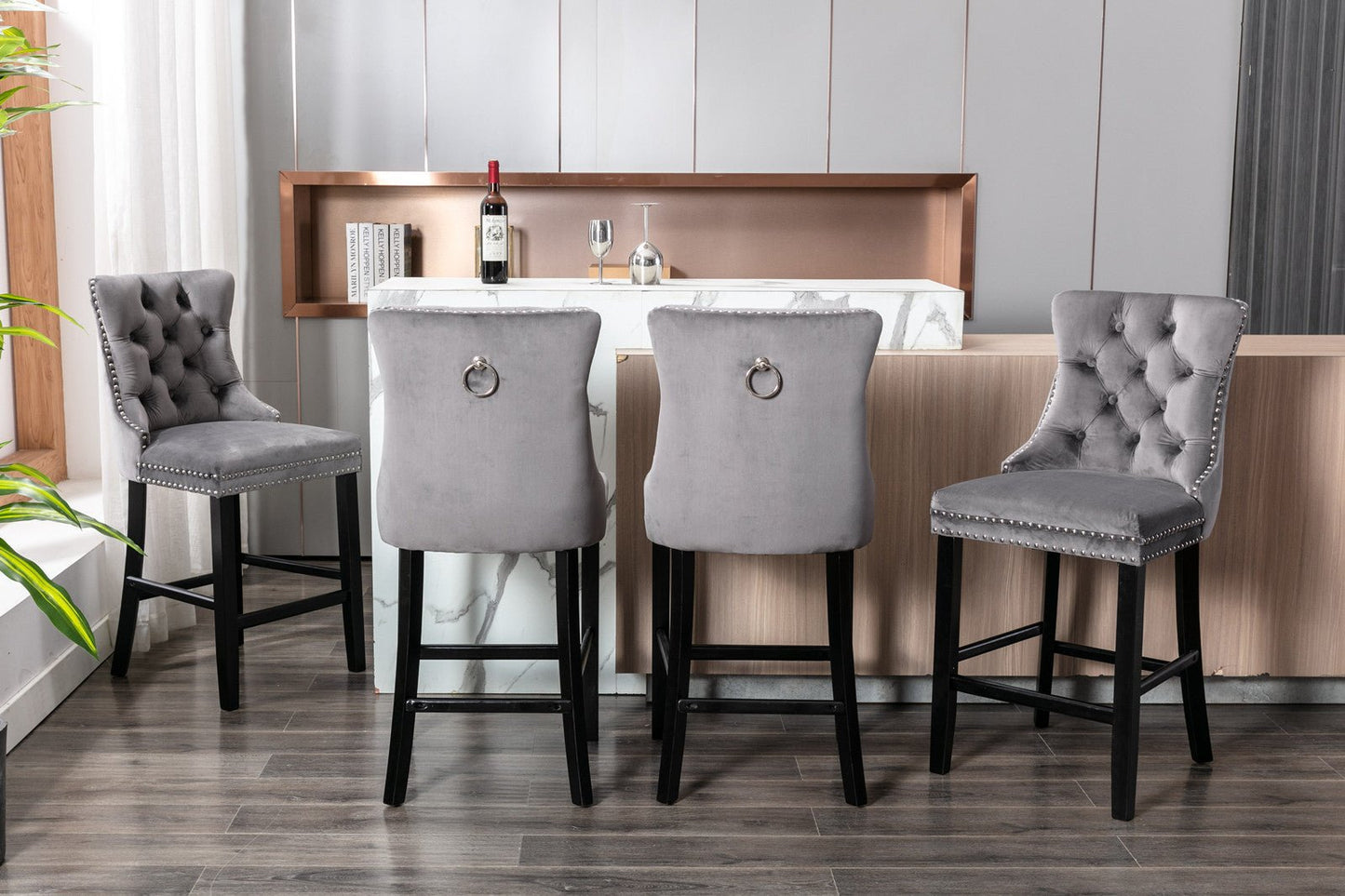 Contemporary Velvet Upholstered Barstools with Button Tufted Decoration and Wooden Legs, and Chrome Nailhead Trim, Leisure Style Bar Chairs,Bar stools, Set of 2 (Gray),SW1902GY - 1st Choice Furniture Direct