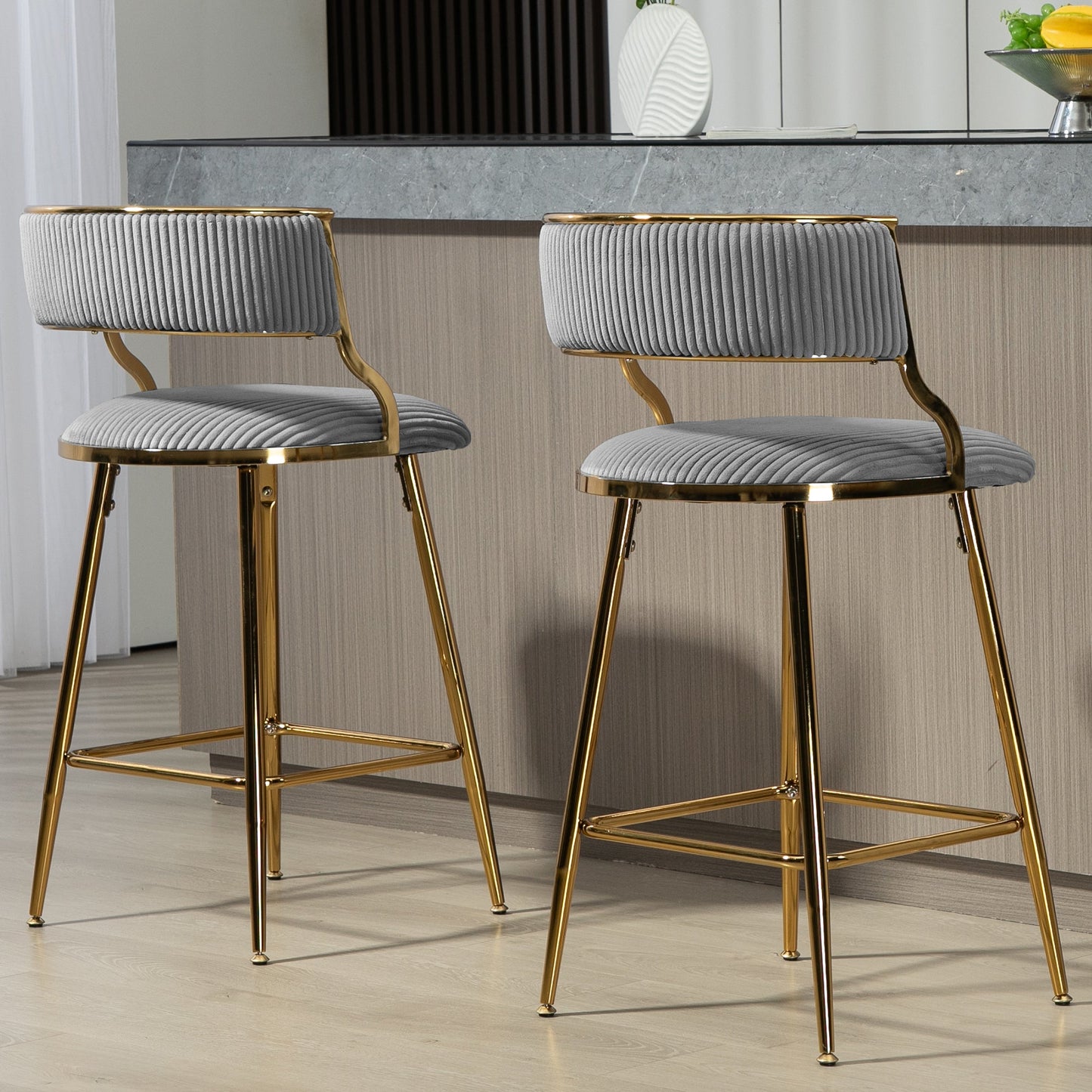 Corduroy Counter Height Bar Stools with Back and Golden Chromed Base, Grey, Set of 2 - 1st Choice Furniture Direct