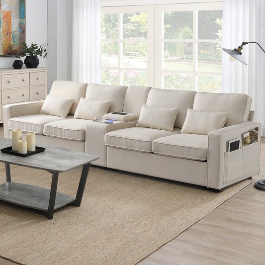 1st Choice 114.2" Upholstered Sofa with Console 2 Cupholders in Beige