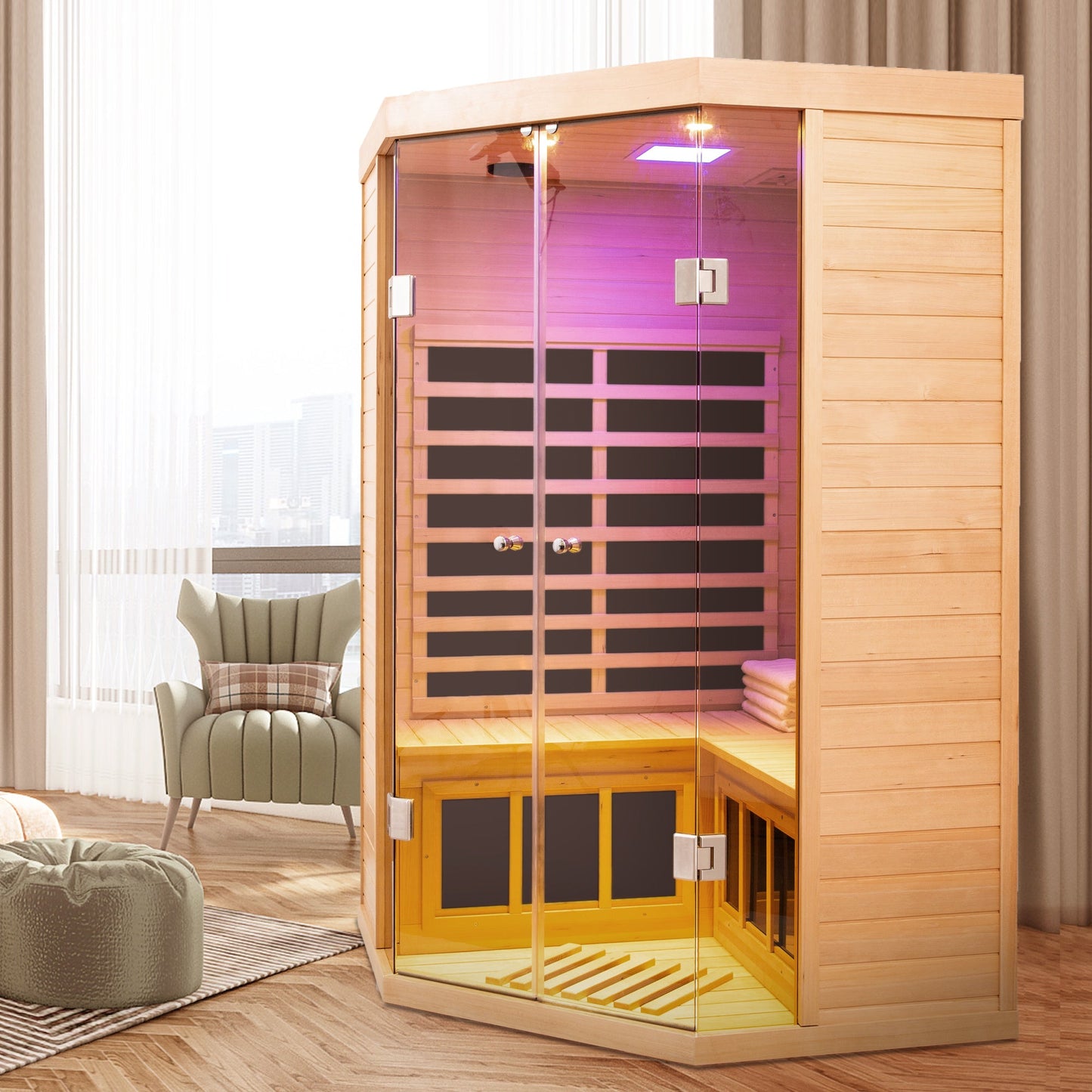 Deluxe Hemlock Far Infrared Corner Sauna Room with Glass Front for Two Persons - 1st Choice Furniture Direct