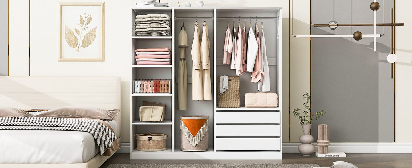 Doorless Wooden Storage Wardrobe for Dedroom with Shelves and 3 Drawers, White - 1st Choice Furniture Direct