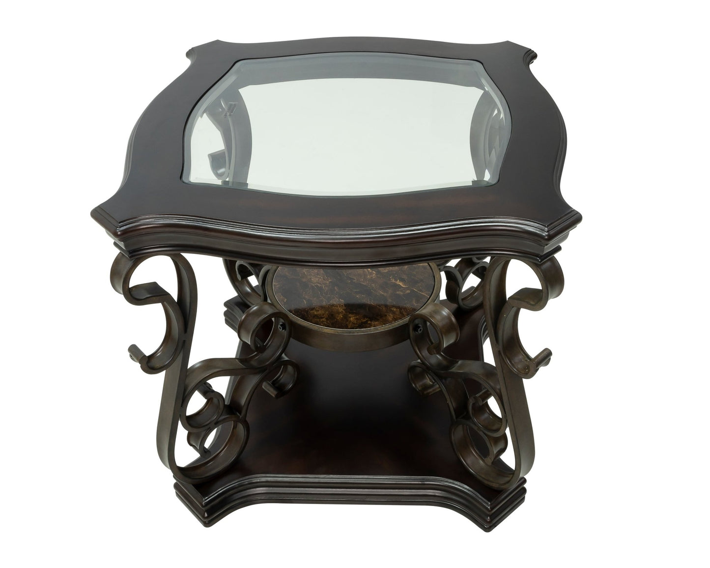 End table, Glass table top, MDF W/marble paper middle shelf, powder coat finish metal legs. (26.3'Lx26.3'Wx24'H) - 1st Choice Furniture Direct