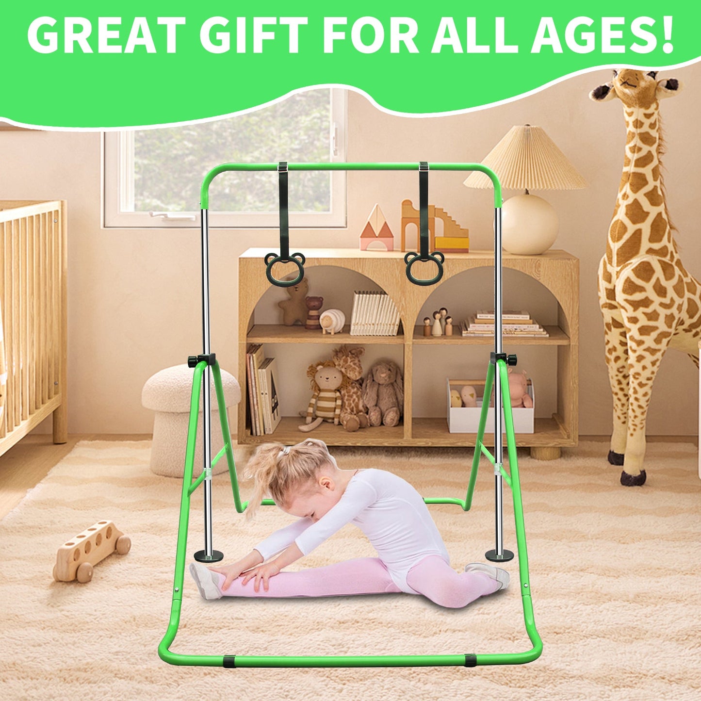 Expandable Gymnastics Bar for Kids - Height Adjustable Junior Training Bar for Home, Folding Gymnastic Horizontal Bars Equipment Green - 1st Choice Furniture Direct