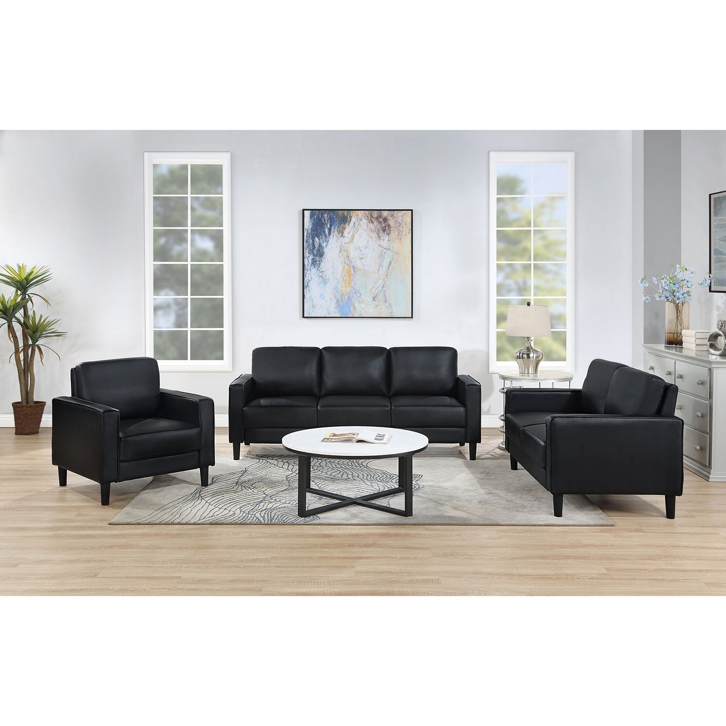 Farallone Black Upholstered Track Arm Loveseat with Smooth Faux Leather, Tapered Feet, and Modern Design - 1st Choice Furniture Direct