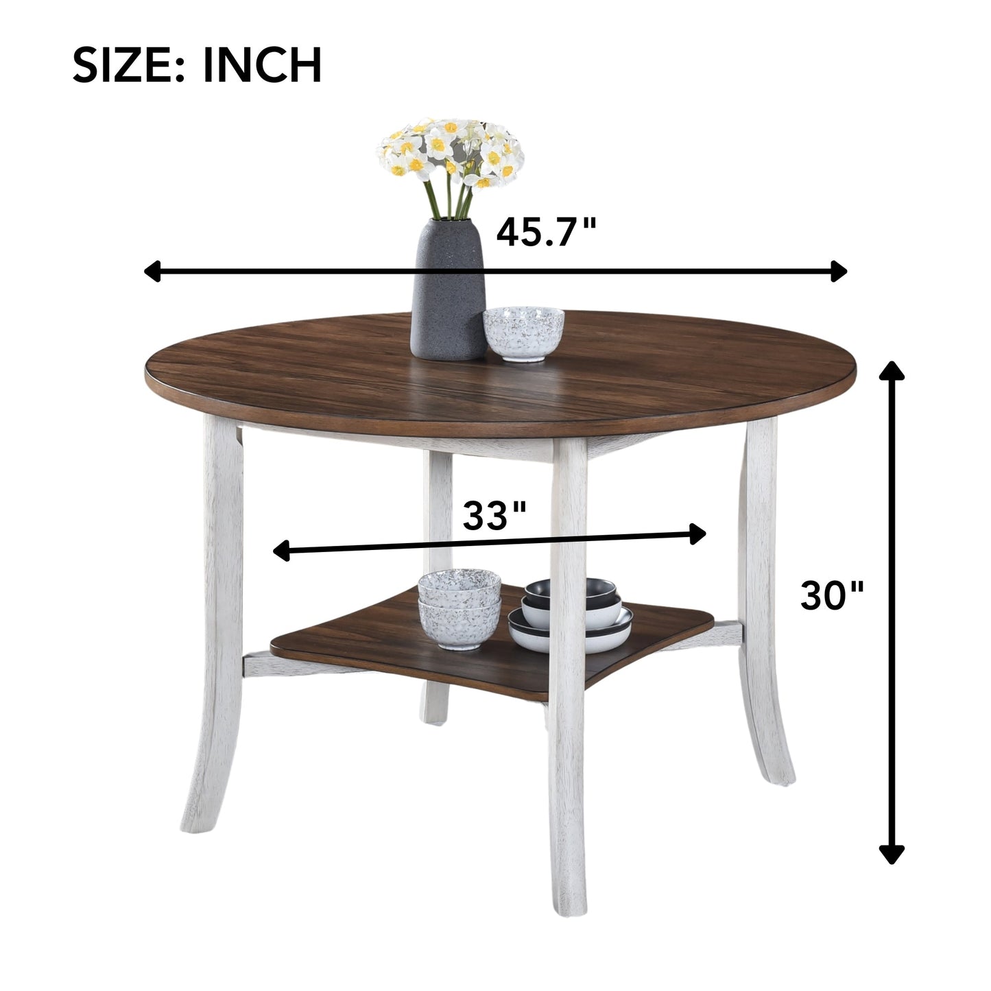 Farmhouse Round Dining Table with Storage Shelf – Antique Dark Oak & White Dining Table - 1st Choice Furniture Direct