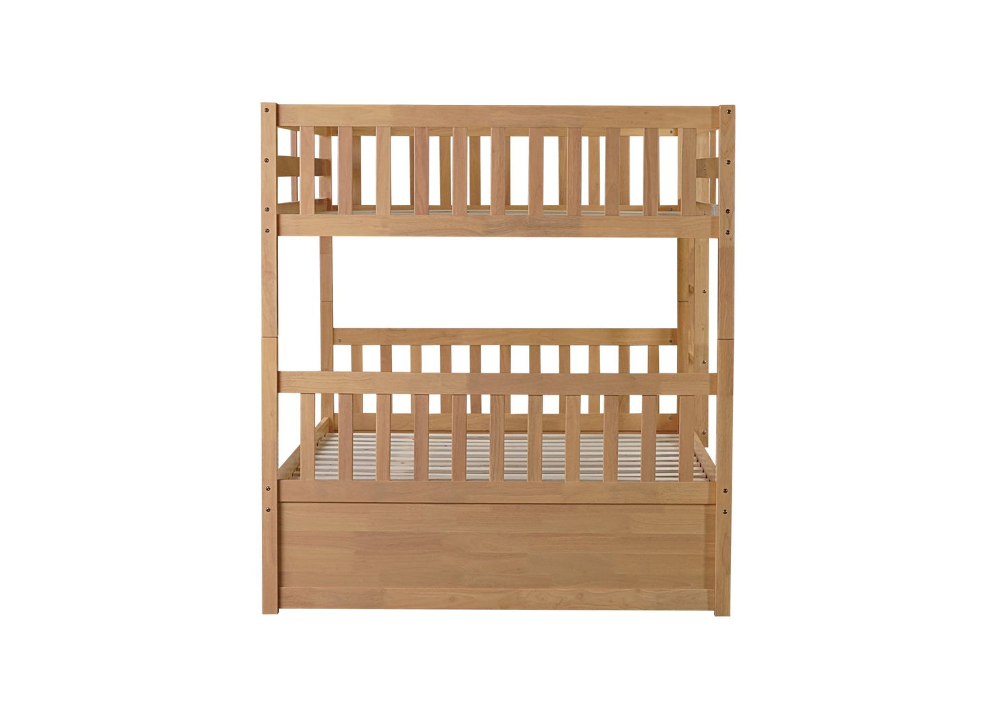 Full Over Full Rubber Wood Bunk Bed with Trundle, Ladder and Guardrails, Convertible to 2 Full Size Beds, with Twin Size Trundle,White Oak - 1st Choice Furniture Direct