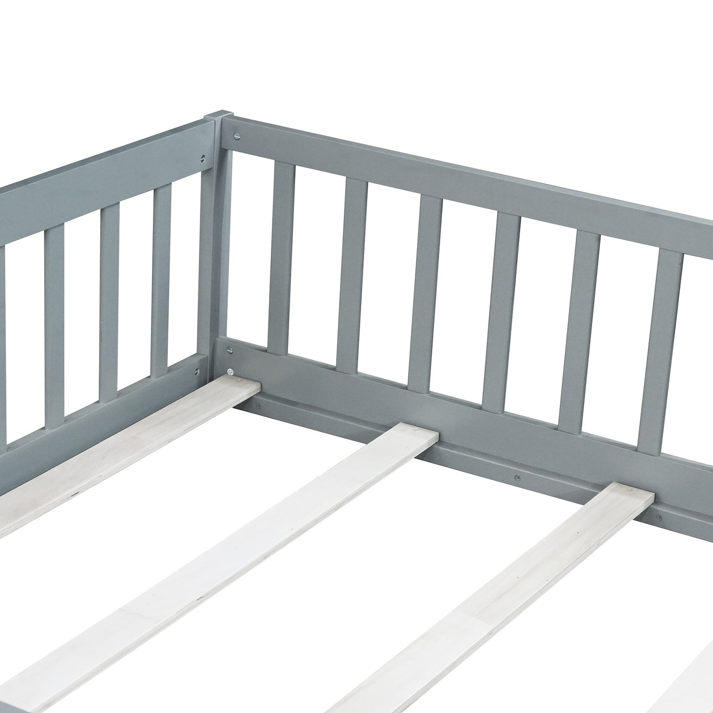 Full Size Floor Bed with Fence and Door,Rubber Wood Floor Bed with Safety Guardrails,Grey - 1st Choice Furniture Direct