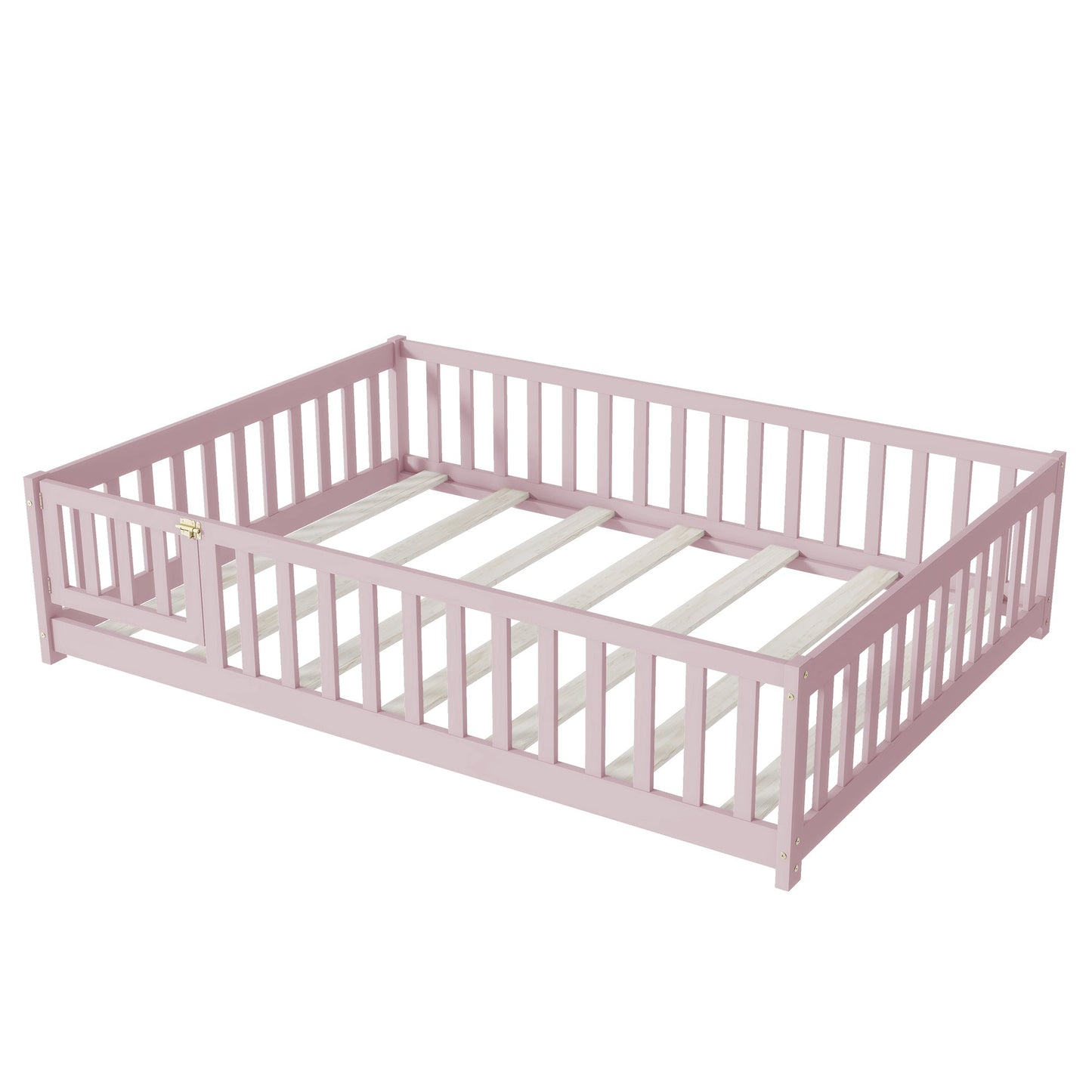 Full Size Floor Bed with Fence and Door,Rubber Wood Floor Bed with Safety Guardrails,Pink - 1st Choice Furniture Direct