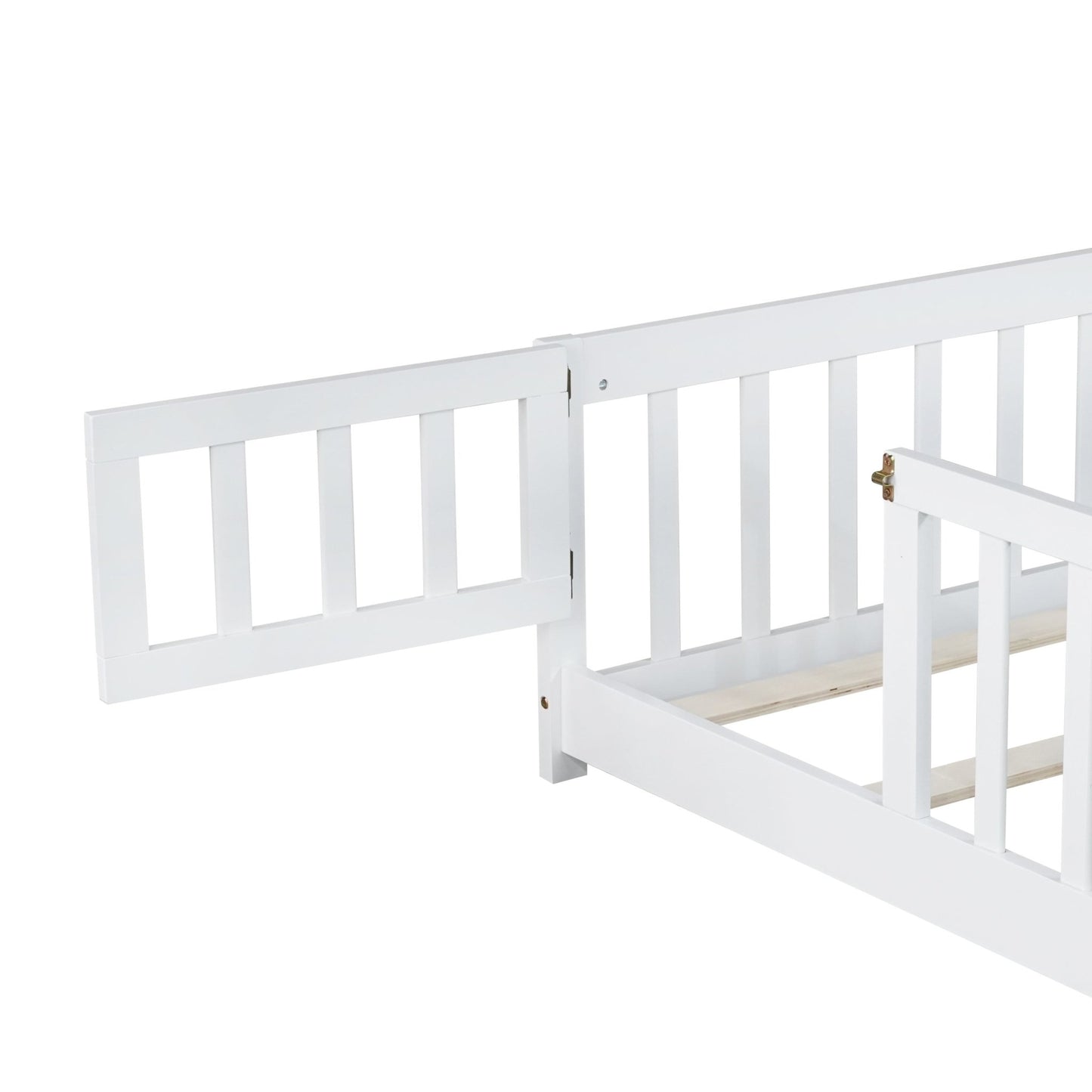 Full Size Floor Bed with Fence and Door,Rubber Wood Floor Bed with Safety Guardrails,White - 1st Choice Furniture Direct