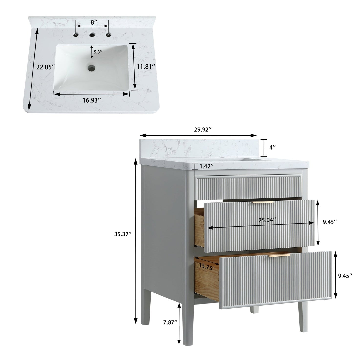 Fully Assembled 30'' Grey Freestanding Single Sink Bathroom Vanity with 2 Handle Sets and Engineered Marble Top - 1st Choice Furniture Direct