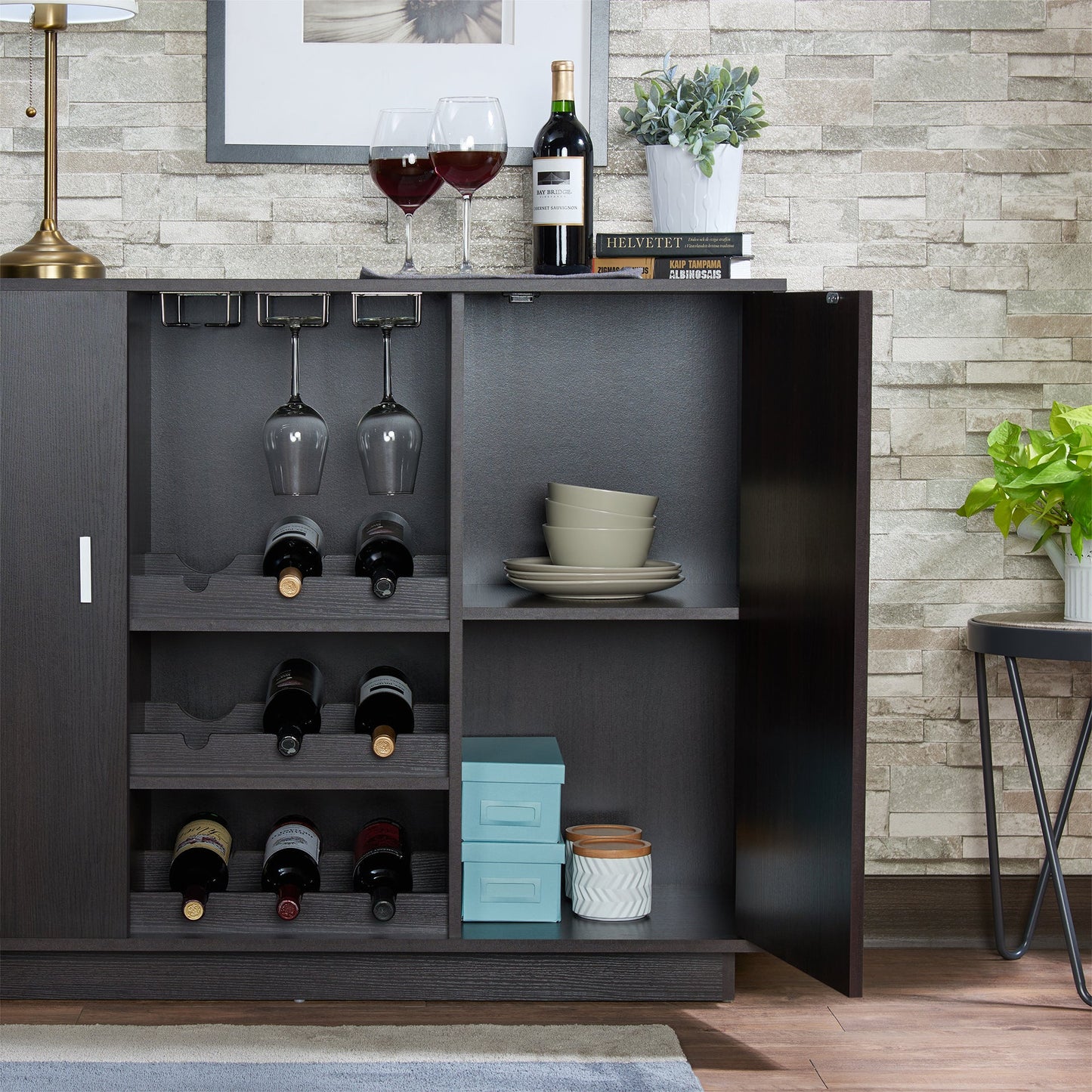 Hazen Espresso Finish Wine Cabinet II Elegant Storage Synthetic Wood 47in - 1st Choice Furniture Direct