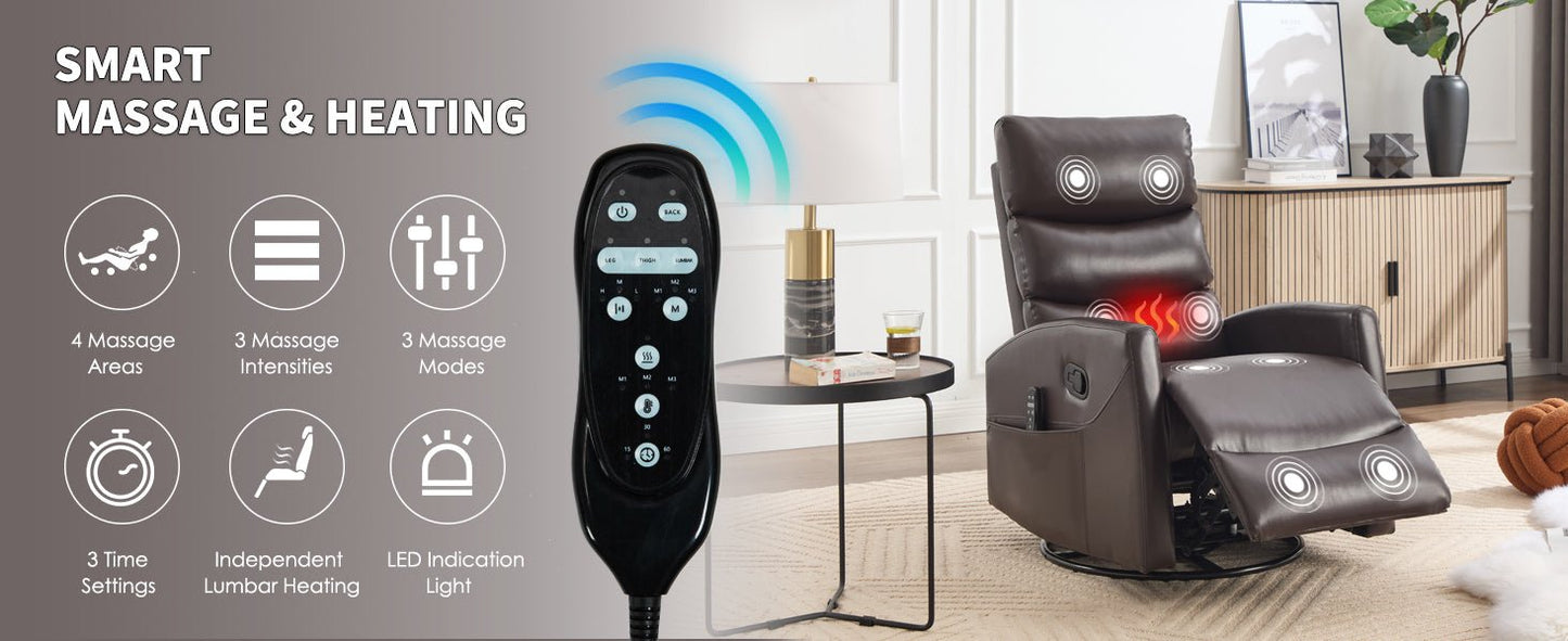 Heat Massage Manual Recliner Chair with Rocker and Swivel in Fabric for Living Room, Brown - 1st Choice Furniture Direct